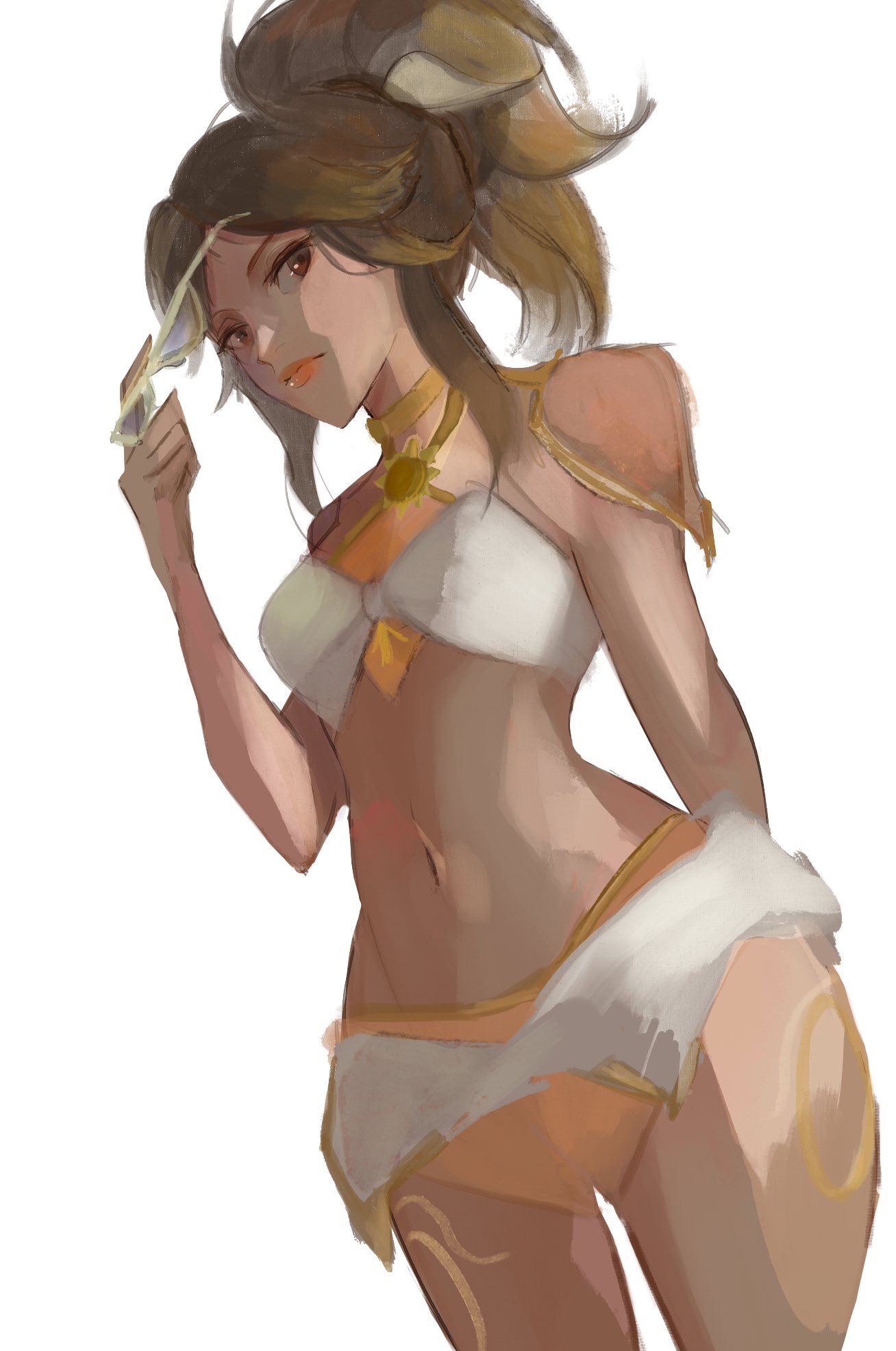 1girls, 2025, 2d, 2d (artwork), artist request, bikini, bikini only, body markings, brown eyes, brown hair, dark skin, dark-skinned female, female, female only, glasses off, human, human only, illari (overwatch), illari quispe ruiz, latina, looking at viewer, midriff, overwatch, overwatch 2, peruvian female, ponytail, poolside illari, questionable, sfw, simple background, sole female, solo, solo focus, source request, summer games series, sunglasses, white background