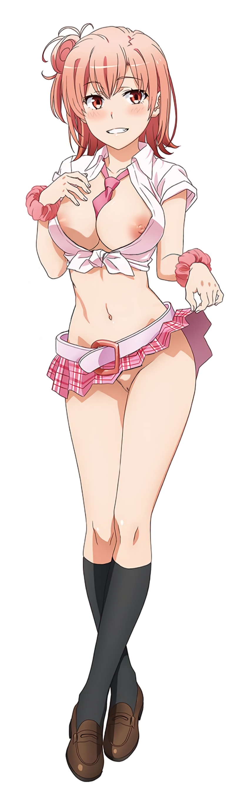 belt, female, functionally nude, innie pussy, kneehighs, loafers, my teen romantic comedy snafu, nipples, nude filter, open shirt, pussy, shoes, skirt, skirt lift, socks, third-party edit, yuigahama yui