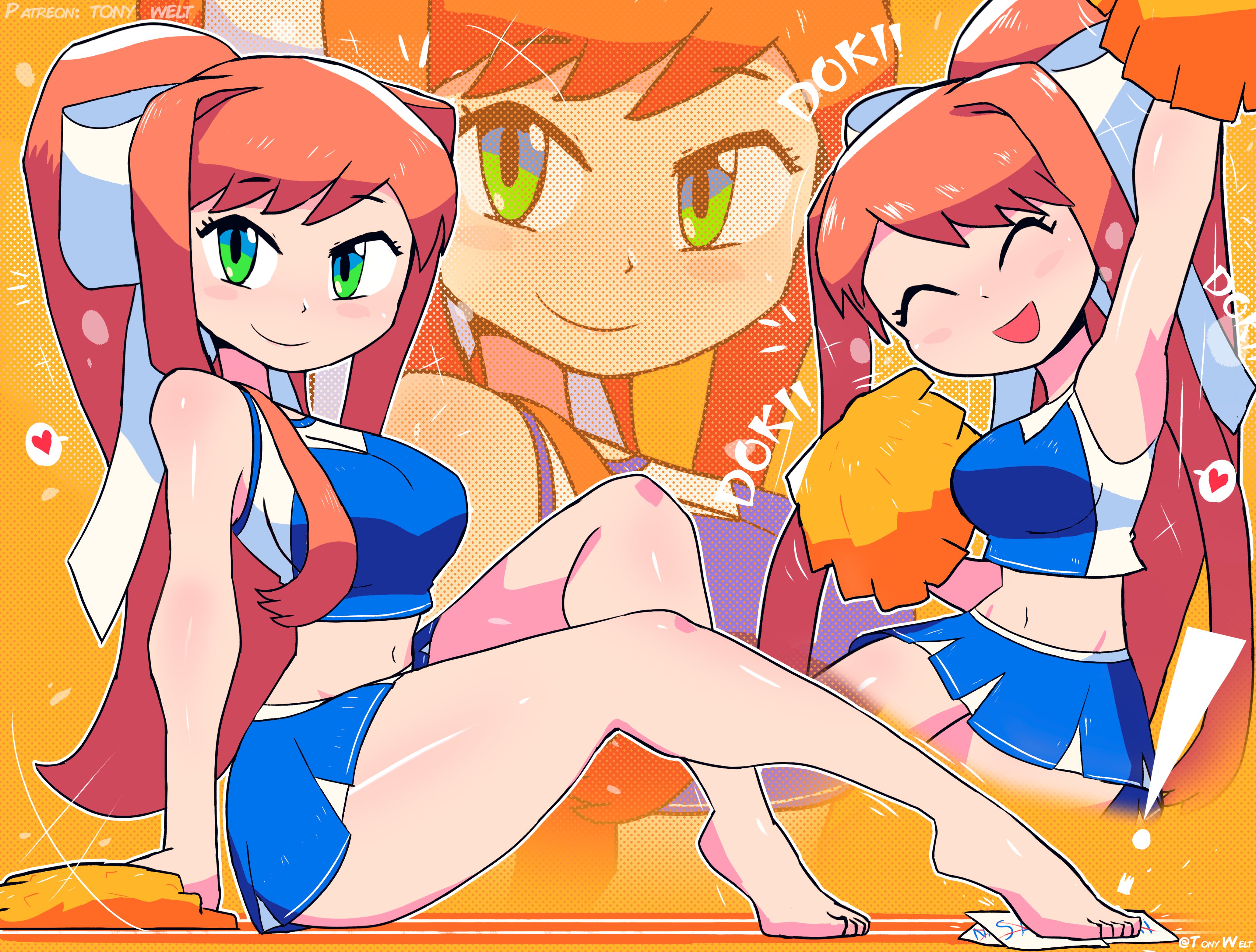 1girls, accessory, arm up, artist name, big breasts, breasts, brown hair, busty, cheerleader, cheerleader outfit, cheerleader uniform, closed eyes, clothed, clothing, doki doki literature club, feet, female, female only, green eyes, hair accessory, hair bow, hair ornament, hairbow, heart, large breasts, light skin, light-skinned female, long hair, looking at viewer, monika (doki doki literature club), navel, open mouth, open smile, open-mouth smile, pom poms, ponytail, sitting, smile, smiling, smiling at viewer, solo, solo female, solo focus, spoken heart, thick thighs, thighs, tied hair, tony welt