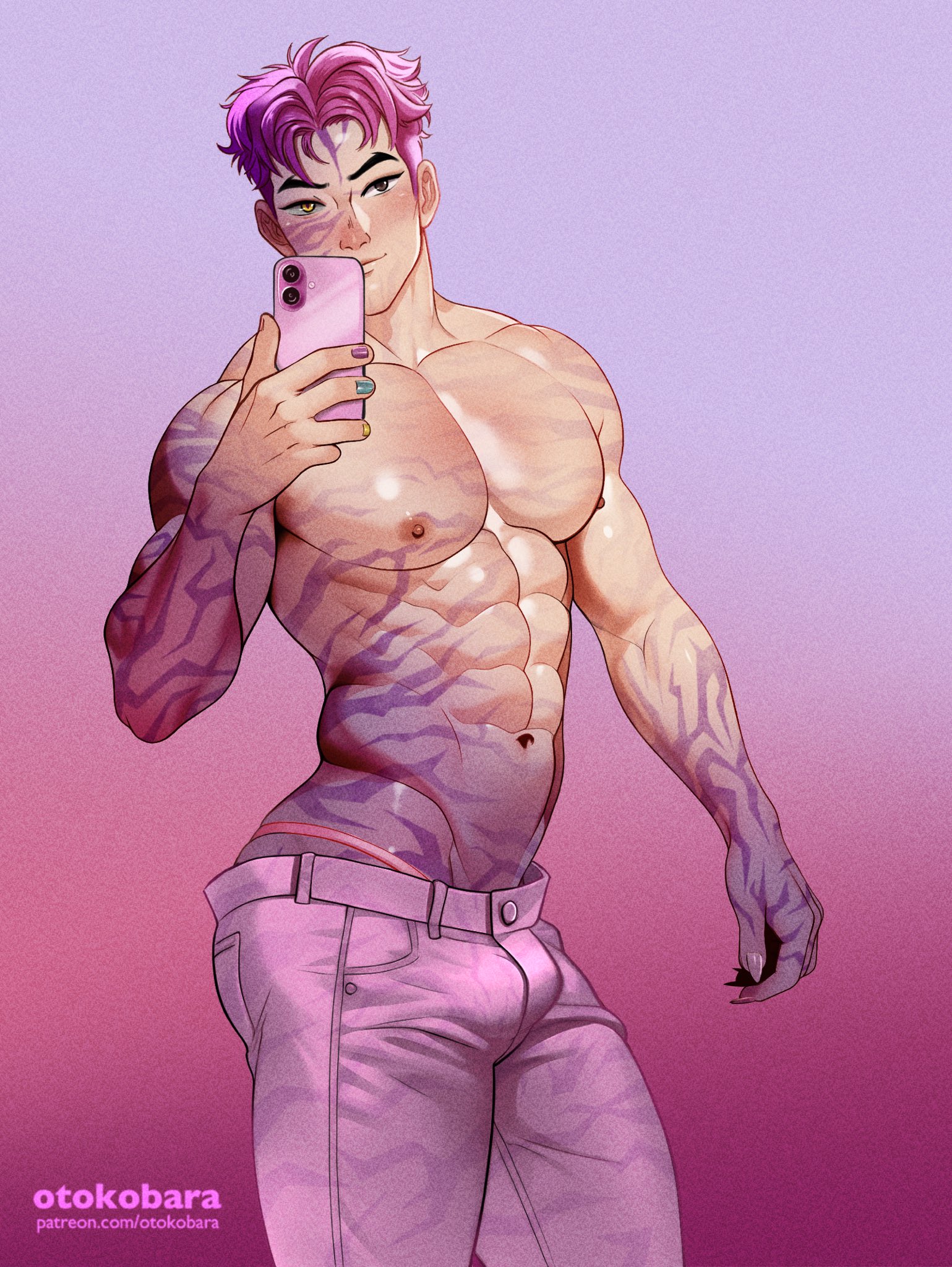 1boy, abby (kpop demon hunters), abs, artist name, bara, bulge, english text, gay, gay male, holding object, kpop demon hunters, male, male focus, male only, muscular, muscular chest, muscular male, netflix, nipples, otokobara, pants, pecs, pectorals, phone, pink hair, saja boys, shirtless, simple background, solo, solo male, text, topless, topless male, yaoi