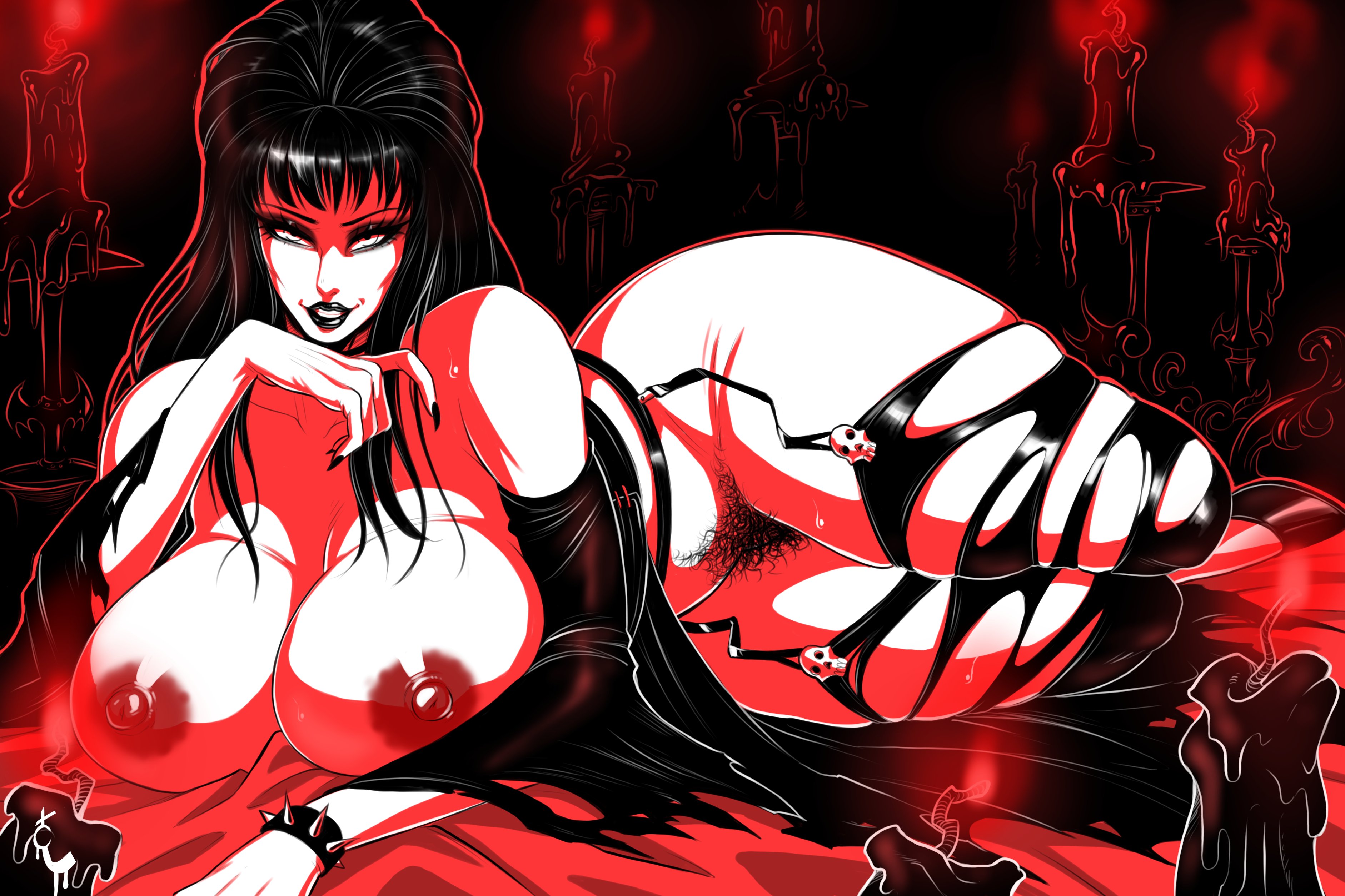 1girls, absurd res, areolae, big breasts, black hair, black lipstick, black nails, breasts, elvira, elvira: mistress of the dark, female, female only, garter belt, garter straps, grin, grinning at viewer, hairy pussy, long hair, looking at viewer, lying, lying on side, narrowed eyes, nipples, partially clothed, pubic hair, pussy, sharp fingernails, smiling, smiling at viewer, solo, thick thighs, turtlechan, very high resolution