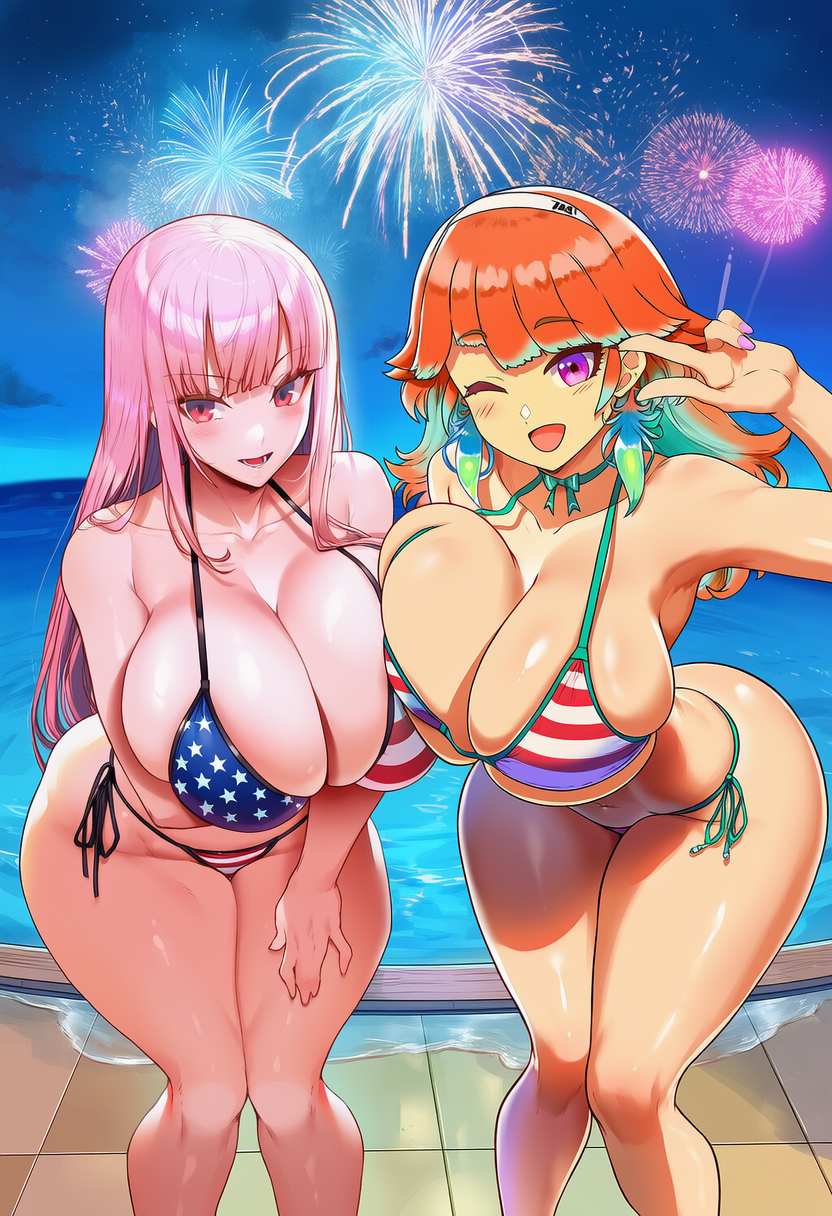 ai_assisted ai_generated american_flag_bikini big_ass big_breasts big_butt hololive hololive_english hololive_myth large_ass large_breasts mori_calliope night night_sky orange_hair pink_hair takanashi_kiara vtuber vtuberfanart yinovelai
