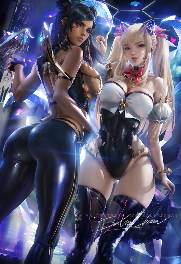 2d, 2girls, alternate breast size, alternate costume, ass, big breasts, black hair, black legwear, blonde hair, breasts, bubble ass, bubble butt, cleavage, cosplay, d.va, dark skin, dark-skinned female, double bun, female, female only, k/da series, large breasts, latex, latex stockings, league of legends, lipstick, overwatch, pharah, sakimichan, standing, thick ass, wide hips