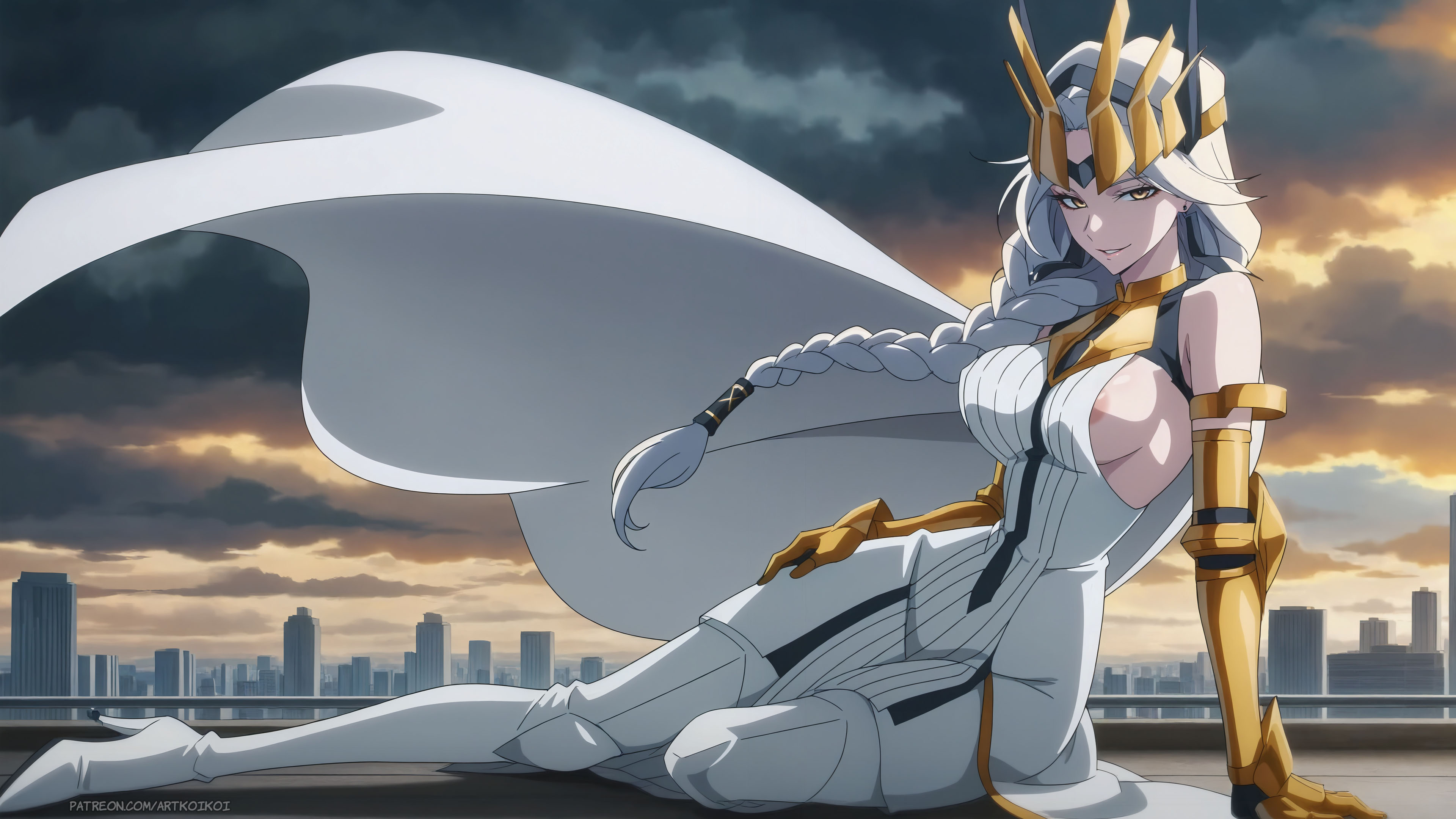 1girls, ai generated, artkoikoi, donghua, female, female only, queen (to be hero x), seductive, to be hero x, wallpaper, white hair