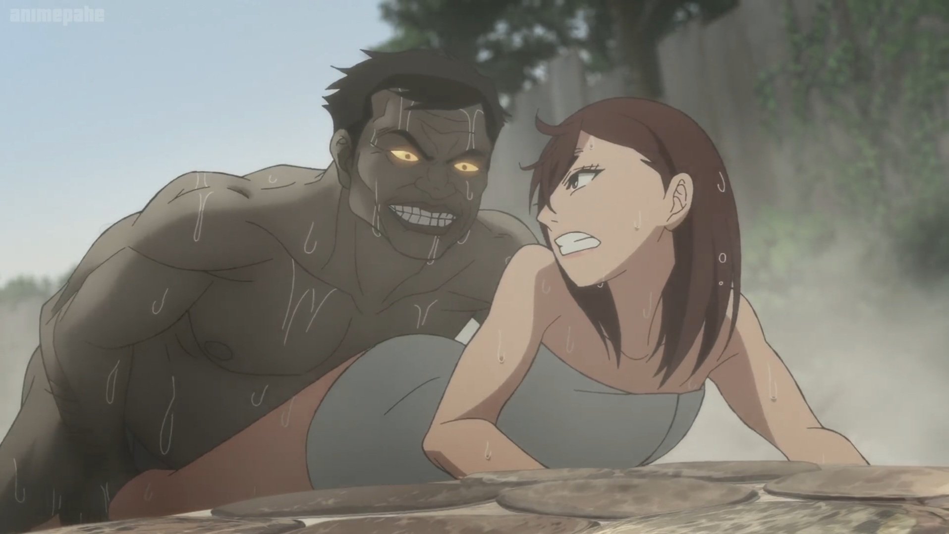1boy, 1girls, anime, attempted rape, ayase momo, bathhouse, brown eyes, brown hair, brown-haired female, canonical scene, crawling, dandadan, dark skin, dark-skinned male, escape, fat male, female, female on bottom, glowing eyes, half nude, inminent rape, inminent rape attempt, light skin, light-skinned female, looking back, male, male on top, naked, naked male, official animation, official art, older male, older male and younger female, onsen, rape, rape attempt, schoolgirl, screencap, short hair, smirking, the gators, towel, towel around waist, towel only, trying to escape, ugly bastard, ugly man, wet skin, younger female