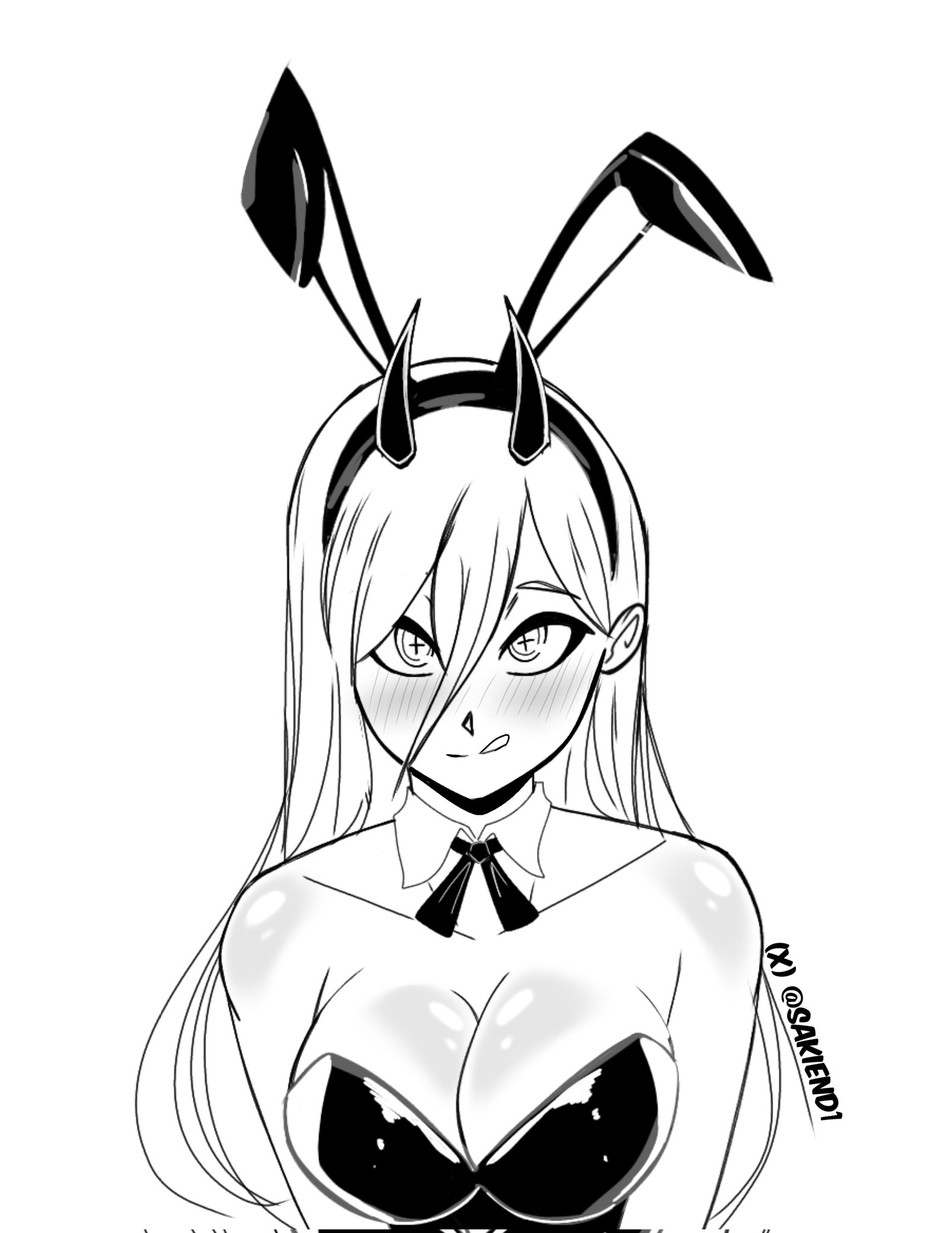 1girls, big titties, black and white, breasts, bunny ears, bunny girl, bunny girl suit, bunnysuit, chainsaw man, clothing, curvaceous, curvaceous female, curvaceous figure, curvy, curvy figure, curvy hips, female, female focus, female only, long hair, monochrome, power (chainsaw man), sakiend1