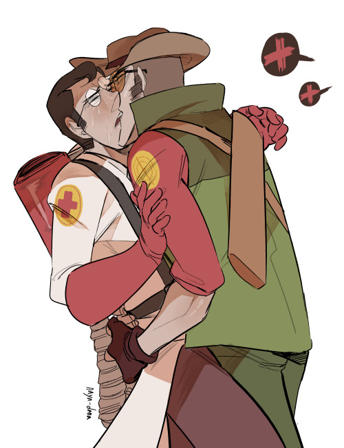 2boys, 2d, forced, forced orgasm, gay, glasses, grabbing, hat, human, human male, human only, kissing, making out, male, male only, medic (team fortress 2), multiple boys, multiple males, naya-dana, sniper (team fortress 2), sweat, team fortress 2, valve corporation, yaoi