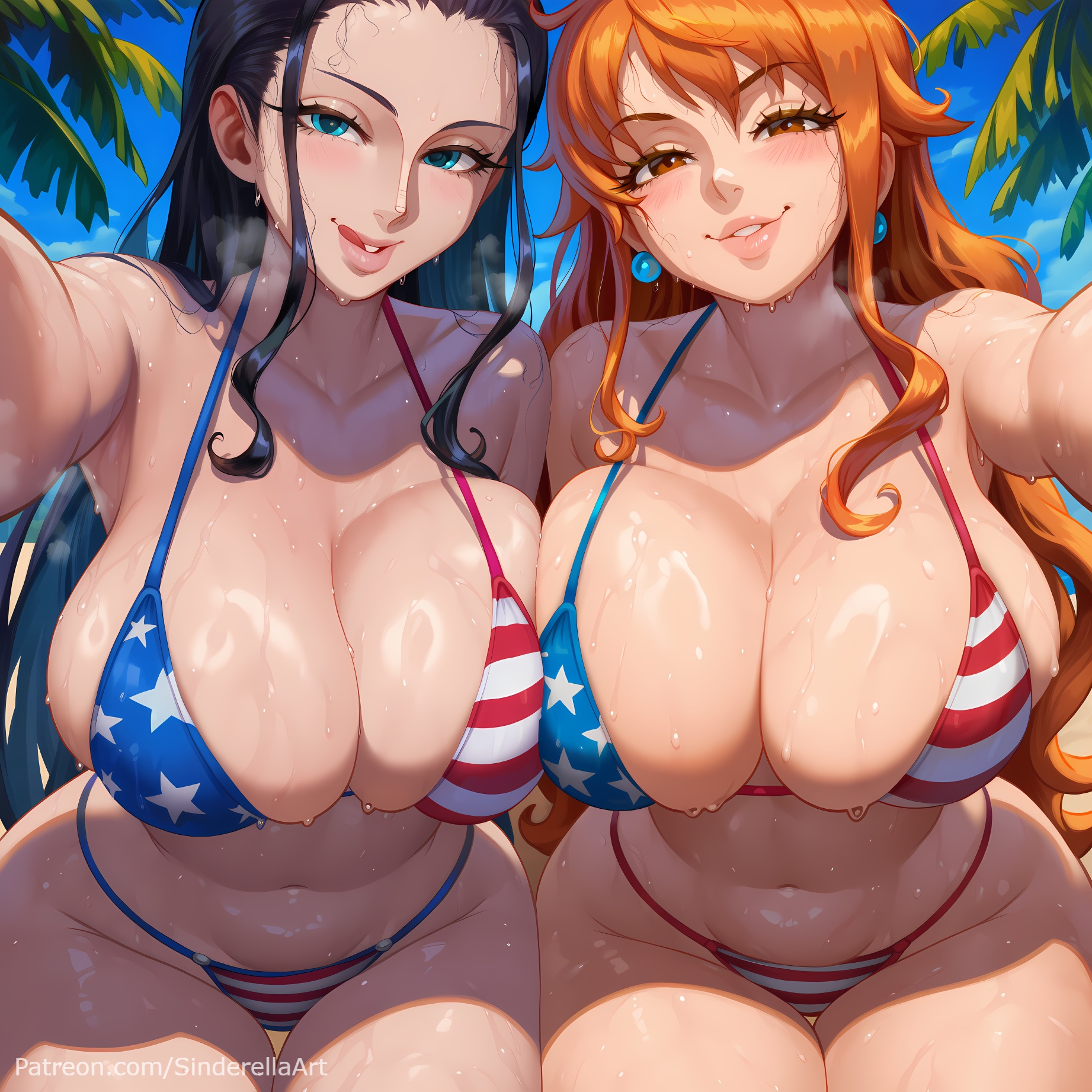 2girls, 4th of july, ai generated, american flag bikini, armpits, bangs, beach, bikini, black hair, black-haired female, blue eyes, blush, breasts, brown eyes, busty, cleavage, clothing, commission, day, duo, earrings, female, female only, flag print, huge breasts, independence day, jewelry, large breasts, lips, long hair, looking at viewer, multiple females, multiple girls, nami (one piece), navel, nico robin, one piece, orange eyes, orange hair, orange-haired female, palm tree, patreon, patreon url, patreon username, sinderellaart, sky, smile, swimsuit, tease, teasing viewer, thick, tongue, tree, voluptuous
