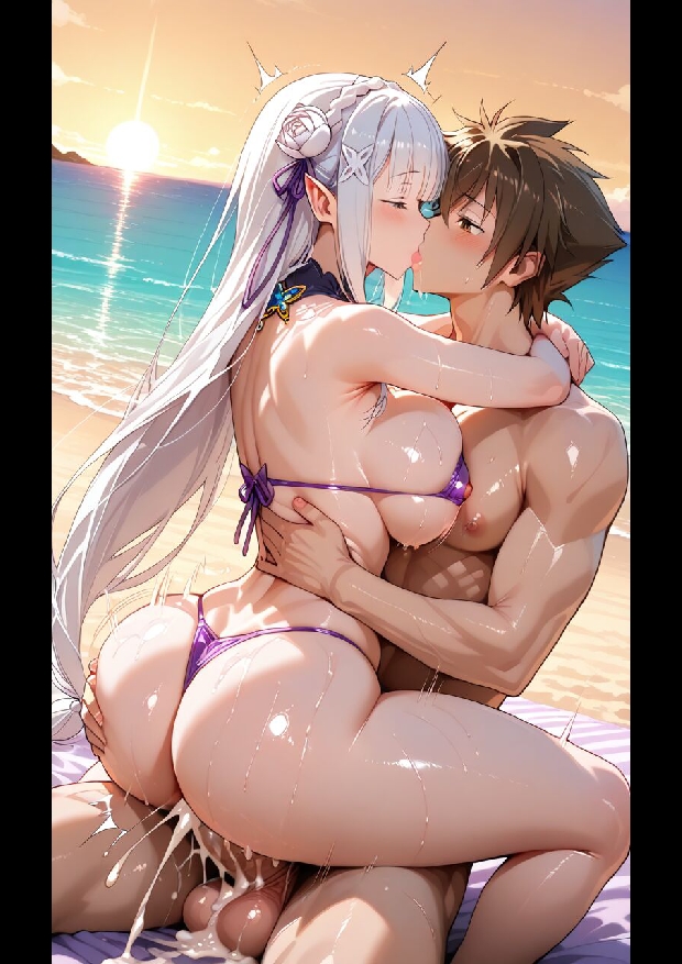 1boy 1girl 1girls ai_generated ass ass_focus big_ass big_breasts breasts crossover cum_inside duo elf_ears emilia_(re:zero) excited female high_school_dxd huge_ass huge_breasts hyoudou_issei kissing light-skinned_female light-skinned_male male passionate penis re:zero_kara_hajimeru_isekai_seikatsu squeezing_butt