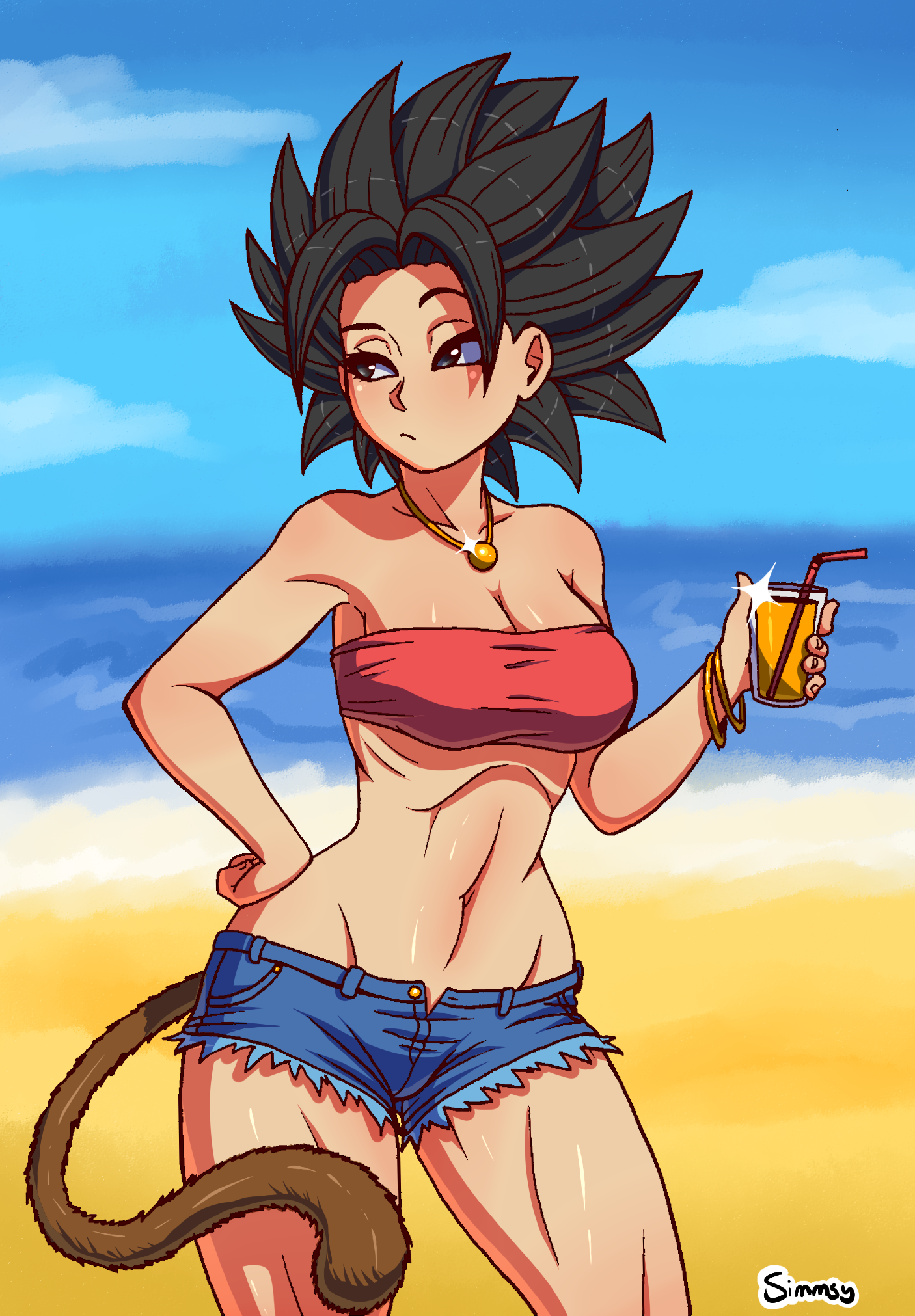 armpit, beach, black eyes, black hair, breasts, caulifla, cleavage, dragon ball, dragon ball super, female, female only, light skin, light-skinned female, long hair, saiyan, shorts, shounen jump, simmsy, solo, spiky hair, tubetop