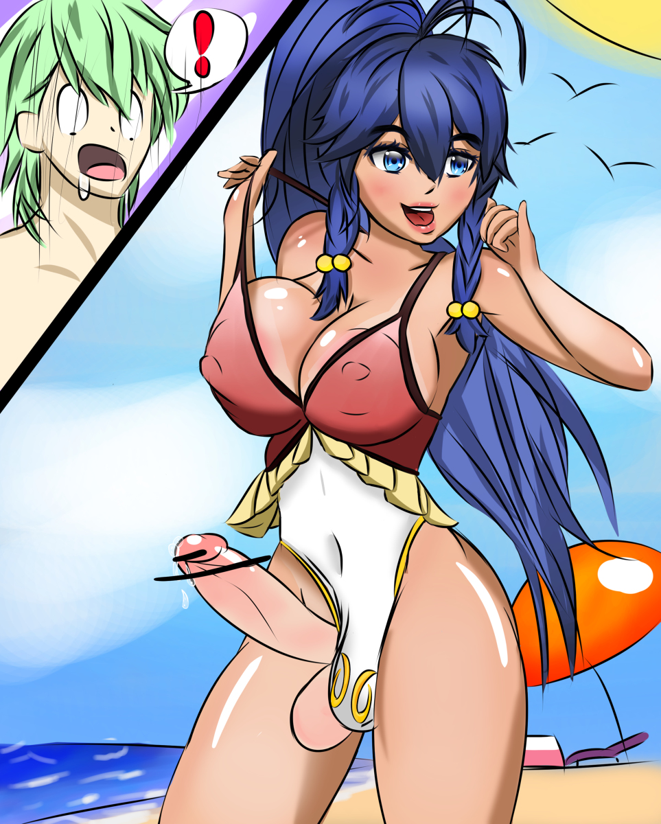 beach fire_emblem fire_emblem:_the_sacred_stones fire_emblem_heroes futanari innes_(fire_emblem) intersex niseruhito one-piece_swimsuit penis tana_(fire_emblem) tana_(summer)_(fire_emblem)