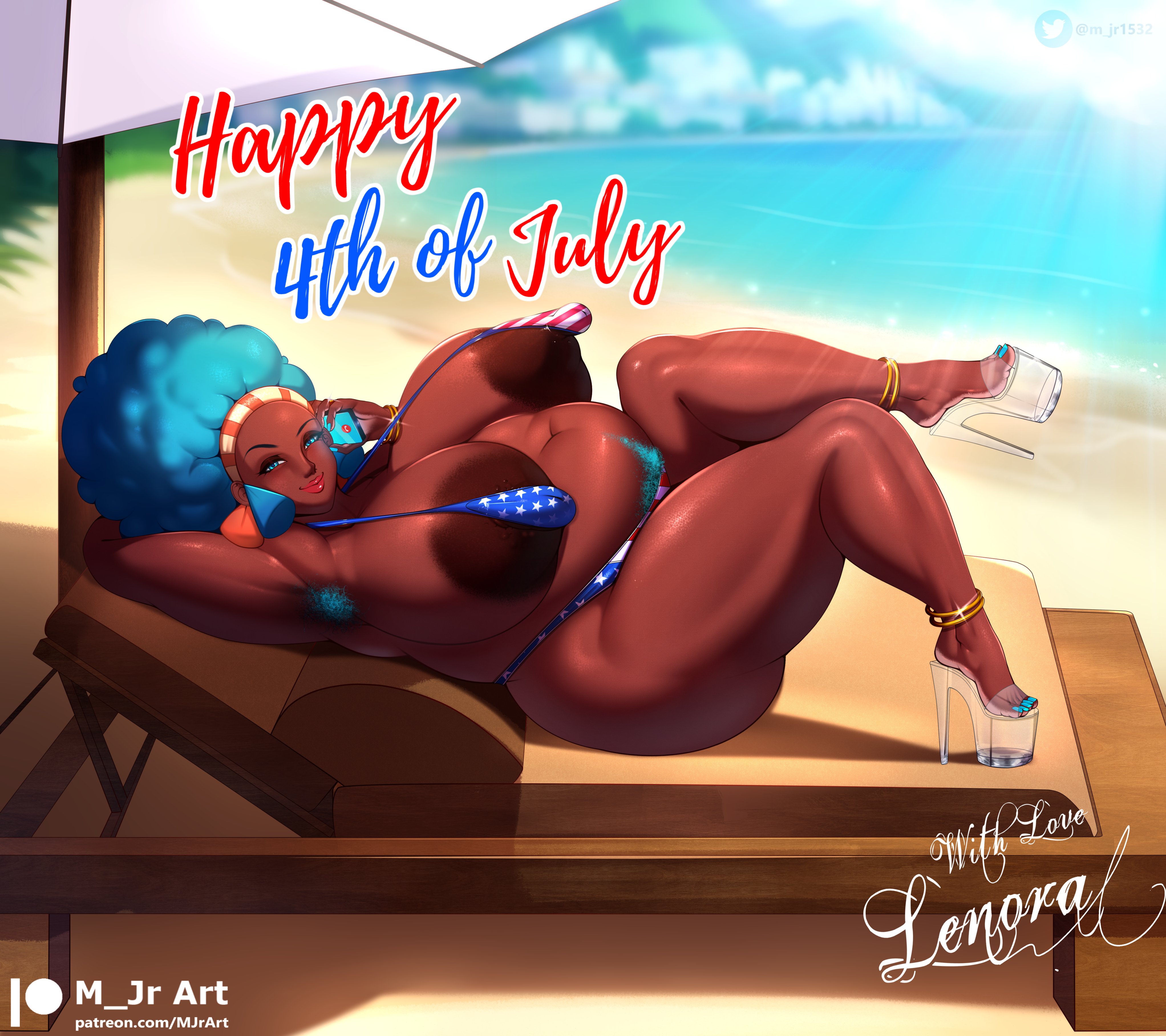 1girls, alternate breast size, american flag bikini, black milf, breasts, breasts bigger than head, dark skin, dark-skinned female, female, female focus, female only, hairy pussy, happy female, high heels, huge breasts, human, human only, lenora (pokemon), m jr art, mature, mature female, milf, nintendo, platform heels, pokemon, pokemon bw, pubic hair, pussy, solo, solo female, tagme, twitter link