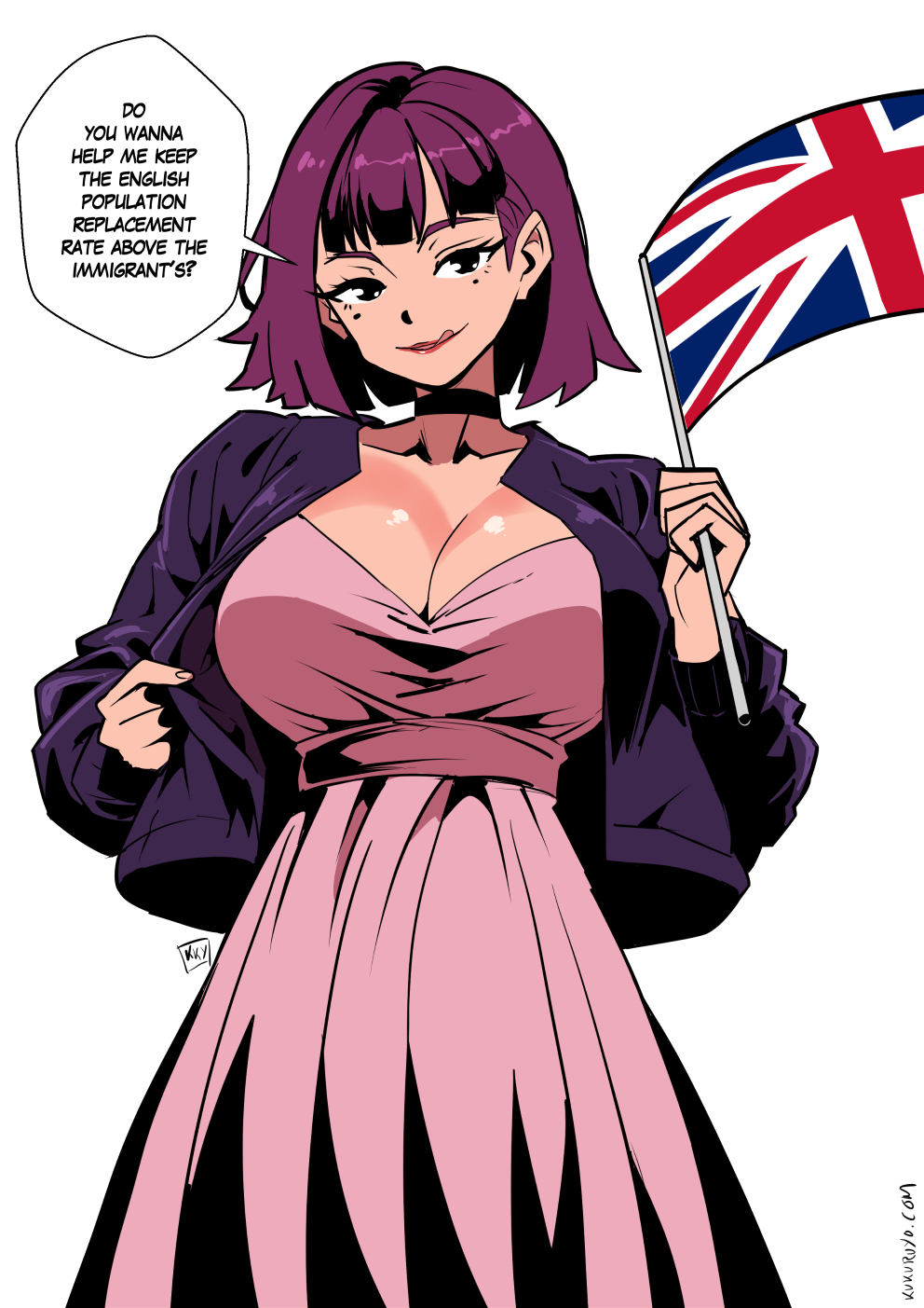 amelia (pathways), black choker, black eyes, bob cut, breasts, choker, cleavage, collarbone, colored eyebrows, commentary, dress, english text, female, female only, flag, hashtag-only commentary, highres, holding, holding flag, huge breasts, jacket, jacket over dress, kukuruyo, licking lips, long sleeves, looking at viewer, mole, mole under each eye, mole under eye, multiple moles, open clothes, open jacket, pathways (game), pink dress, pleated dress, politics, purple hair, purple jacket, purple-haired female, racism, red lips, seductive smile, short hair, short-haired female, simple background, smile, solo, speech bubble, tongue, tongue out, typo, union jack, web address, white background