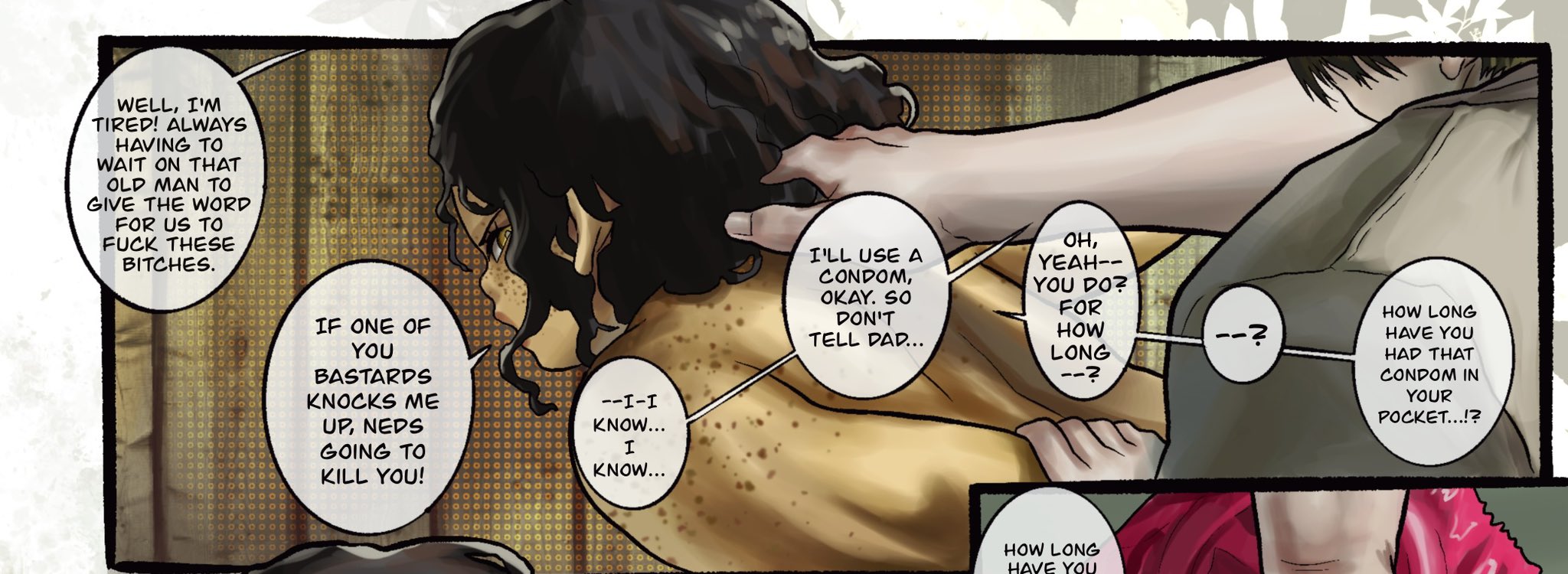 1boy, 1girls, arms behind back, breeding slave, brown eyes, brown hair, captured heroine, clementine (the walking dead), comic, comic page, comic panel, comic strip, condom, condom wrapper, dubious consent, english, english dialogue, english text, female, female focus, freckles, grabbing hair, imminent sex, light skin, light-skinned female, light-skinned male, looking back, male, male/female, maledom, medium hair, noblood, noblood (ryandomonica), original character, original characters, ryandomonica, text, text box, the walking dead, the walking dead game