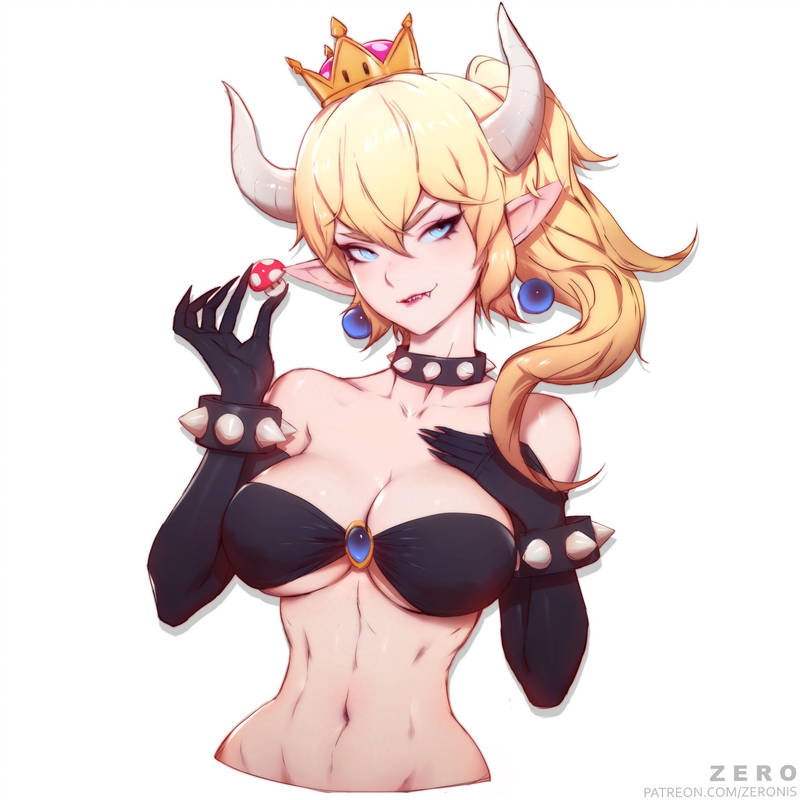 2d abs artist_name blonde_hair blue_eyes bowsette bra cleavage crown earrings fangs female female_only horns light-skinned_female light_skin long_hair mario_(series) new_super_mario_bros._u_deluxe nintendo pale-skinned_female pale_skin pointy_ears rule_63 solo underboob watermark zeronis