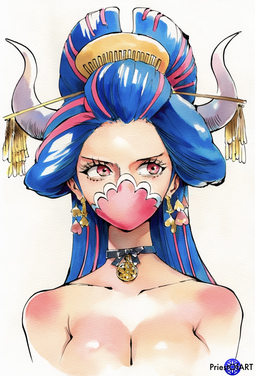 1girls ai_generated blue_hair body_blush close-up color earrings female female_only geisha horns jewelry mouth_mask multicolored_hair nude oiran one_piece pink_eyes portrait priestofart simple_background solo_female solo_focus tagme tagme_(artist) tagme_(character) ulti_(one_piece) watercolour_(artwork) watermark white_background