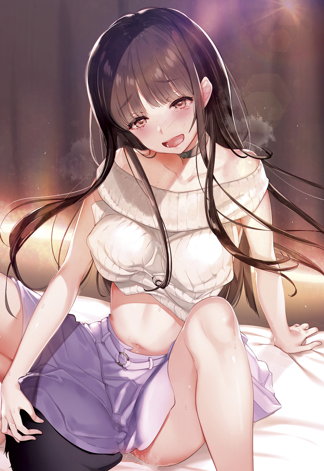 1boy arm_support bangs bare_shoulders belt black_collar blush breasts breath brown_eyes brown_hair clothes_lift cunnilingus eyebrows_visible_through_hair faceless faceless_male female hand_on_another's_head hayakawa_akari highres large_breasts long_hair miniskirt navel nose_blush off-shoulder_sweater official_art open_mouth oral original pussy_juice ribbed_sweater sitting skirt sleeveless spread_legs sweat sweater sweater_lift tears tongue tongue_out torogao very_long_hair wavy_mouth white_sweater