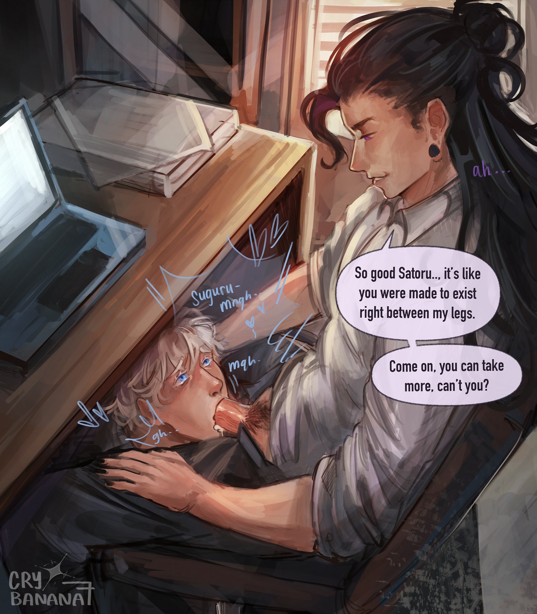 2boys, black hair, blowjob, blowjob under table, blue eyes, clothed sex, crybanana77, cum, cum in mouth, deepthroat, english text, fellatio, gay, gay male, jujutsu kaisen, long hair, male, male only, male/male, oral, painted nails, pubic hair, satoru gojo, suguru geto, white hair, yaoi