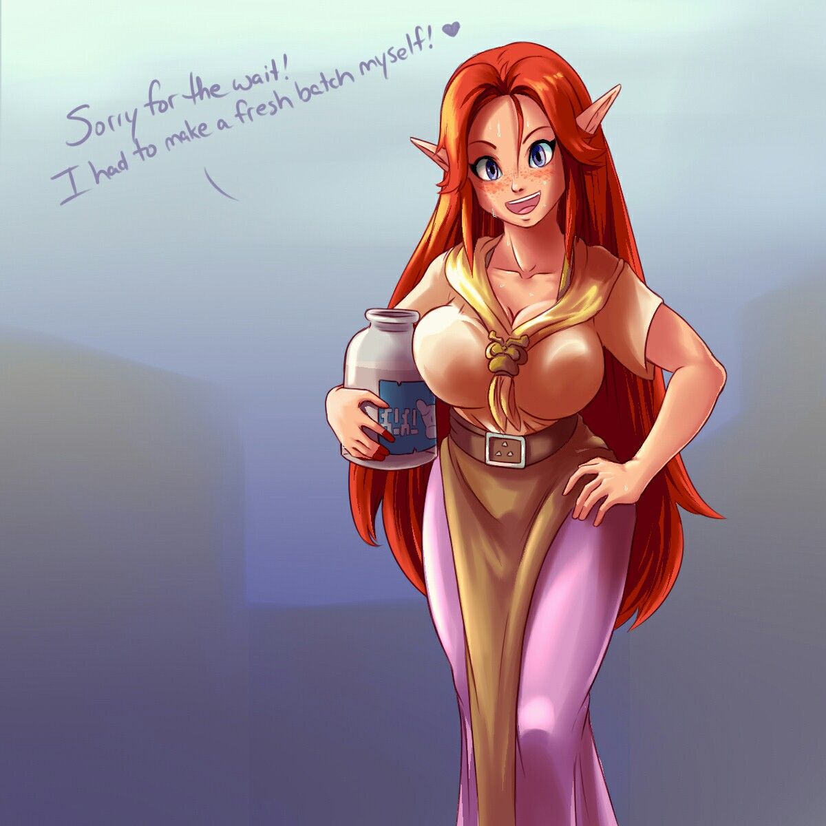 1girls big_breasts cleavage elf_ears freckles hand_on_hip lactation lon_lon_milk long_hair malon milk milk_bottle ocarina_of_time red_eyes sweat the_legend_of_zelda wide_hips