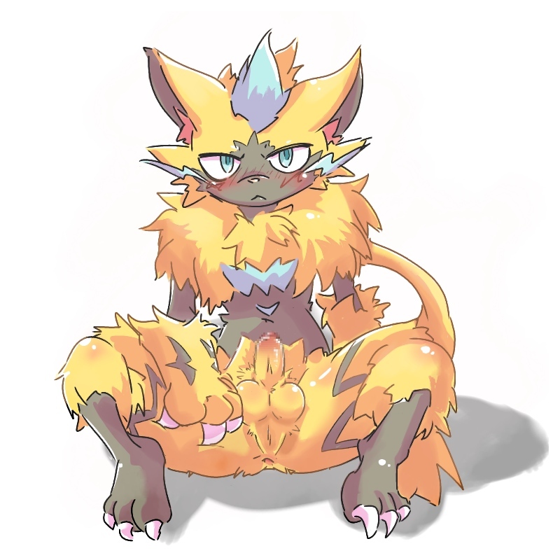 1boy 2018 3_toes anthro balls blush claws feline male male_only mammal nintendo penis pokémon_(species) pokemon pokemon_usm sitting solo summer_(artist) toe_claws toes tuft video_games whiskers zeraora