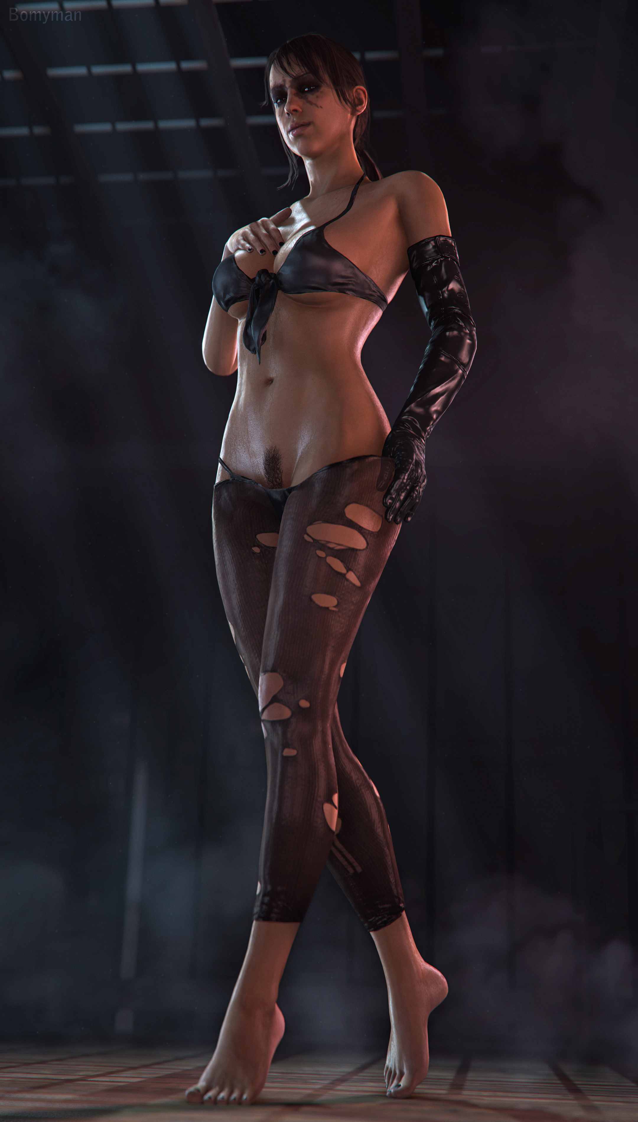1girls, 3d, absurdres, bomyman, breasts, brown hair, cleavage, dark hair, female, female only, front view, highres, light skin, light-skinned female, looking at viewer, metal gear solid, metal gear solid v, pubic hair, quiet (metal gear), solo, solo female, source filmmaker