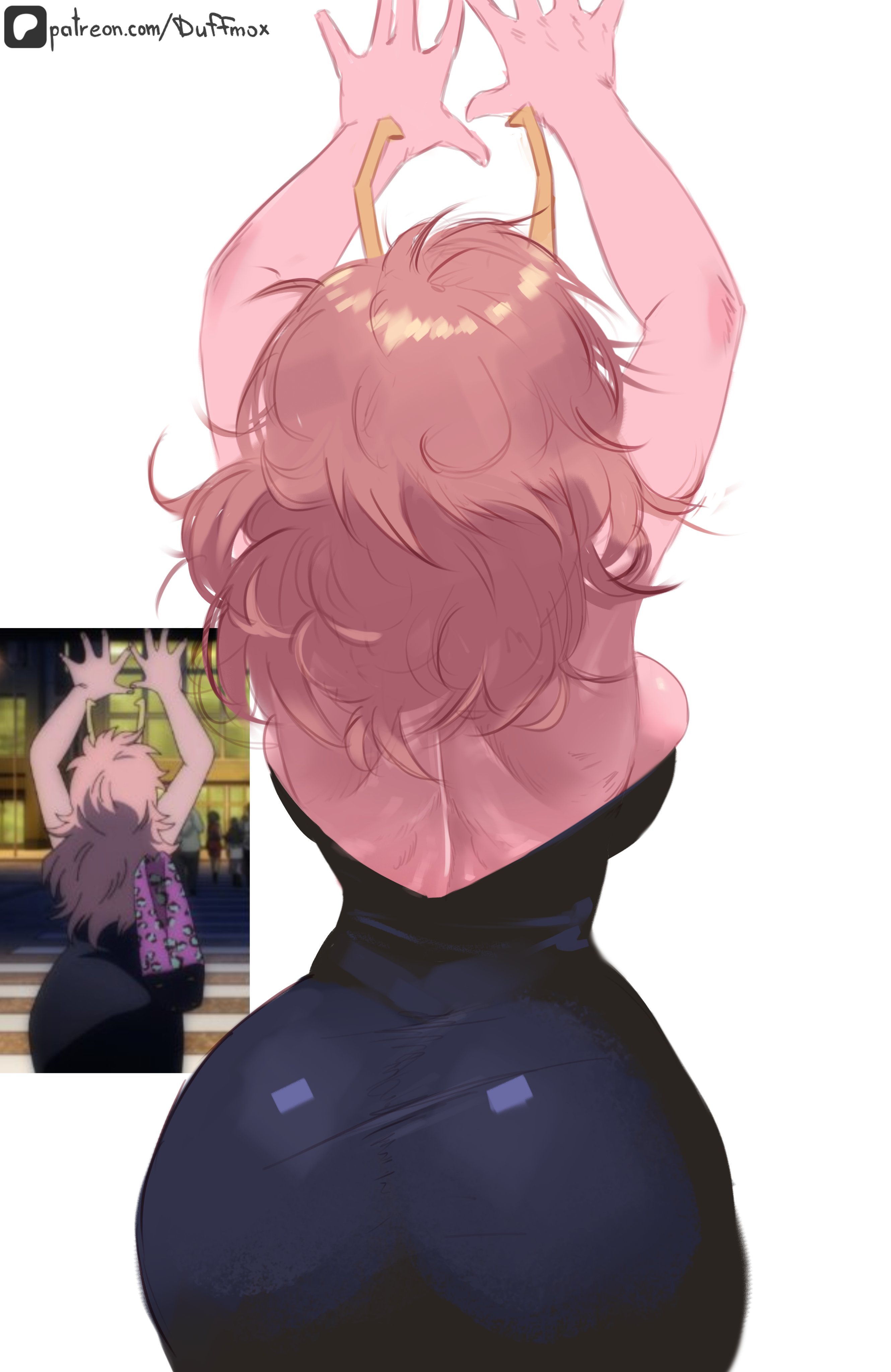 1girls, 2d, absurdres, aged up, alternate breast size (larger), arms up, artist name, ashido mina, ashido mina time-skip, ass, bare shoulders, big ass, black dress, boku no hero academia, boku no hero academia (finale), breasts, colored skin, commentary, curvy, dress, duffmox, female, female focus, female only, from behind, highres, horns, huge ass, large breasts, long hair, mina ashido, mina ashido curvy (meme), mina ashido time-skip, my hero academia, my hero academia (finale), older female, patreon logo, patreon username, photo-referenced, pink body, pink hair, pink skin, pink-skinned female, shoulder blades, simple background, solo, solo female, solo focus, standing, white background, wide hips