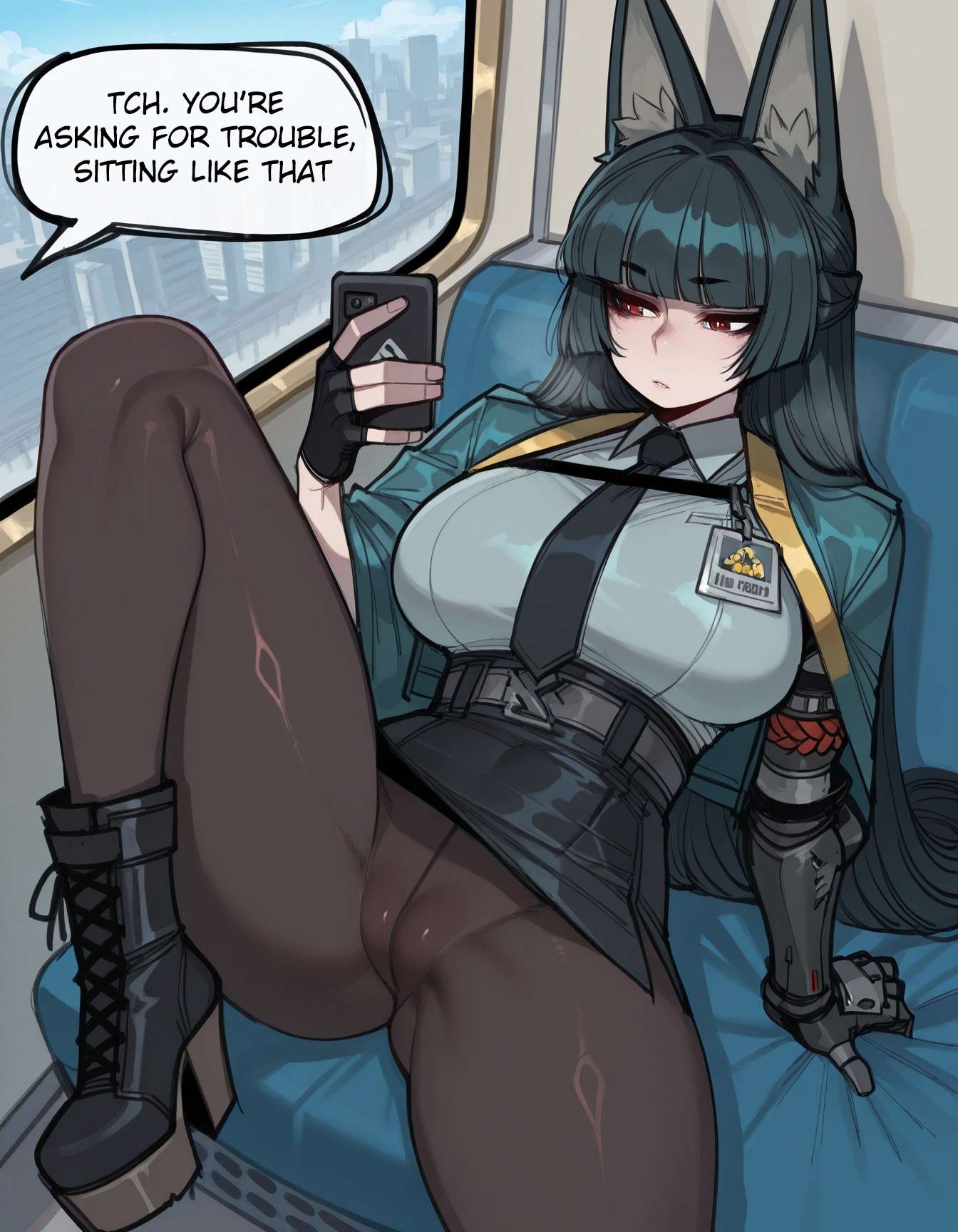 1girls, ai generated, amaimuse, animal ears, big breasts, black hair, boots, breasts, cameltoe, disinterested, english text, female, fox ears, fox girl, gloves, holding object, hoshimi miyabi, imminent rape, indifference, indifferent, jacket, large breasts, leg up, legs apart, light skin, light-skinned female, looking at phone, miniskirt, necktie, oblivious, oblivious sexualization, pantyhose, phone, public, pussy, red eyes, shirt, sitting, skirt, speech bubble, spread legs, text, thick thighs, tomboy, train, train interior, unbothered, uncaring, unenthusiastic, zenless zone zero