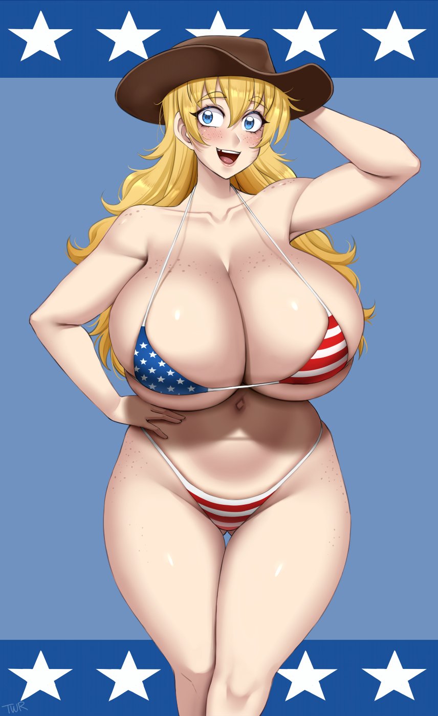 1girls, 4th of july, american flag, american flag bikini, armpits, ass, ass visible through thighs, big breasts, big thighs, bikini, blonde hair, blue eyes, blush, blushing, bottom heavy, breasts, breasts bigger than head, chubby, chubby female, cowboy hat, enormous breasts, female, female focus, female only, freckles, freckles on ass, freckles on face, gigantic breasts, hand on head, hat, huge ass, huge breasts, independence day, large breasts, light skin, light-skinned female, long hair, looking at viewer, micro bikini, open mouth, plump, pose, posing for the viewer, simple background, slightly chubby, slightly chubby female, smile, smiling, smiling at viewer, solo, solo female, solo focus, thick thighs, thong, thong bikini, thunder thighs, top heavy, twrlare, venus body, voluptuous, voluptuous female, wide hips