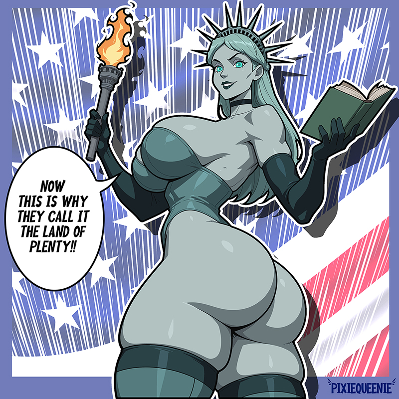 1girls ass breasts english_text female female_focus female_only fourth_of_july large_ass large_breasts looking_at_viewer pixiqueenie solo statue_of_liberty text thick_thighs thighhighs thighs