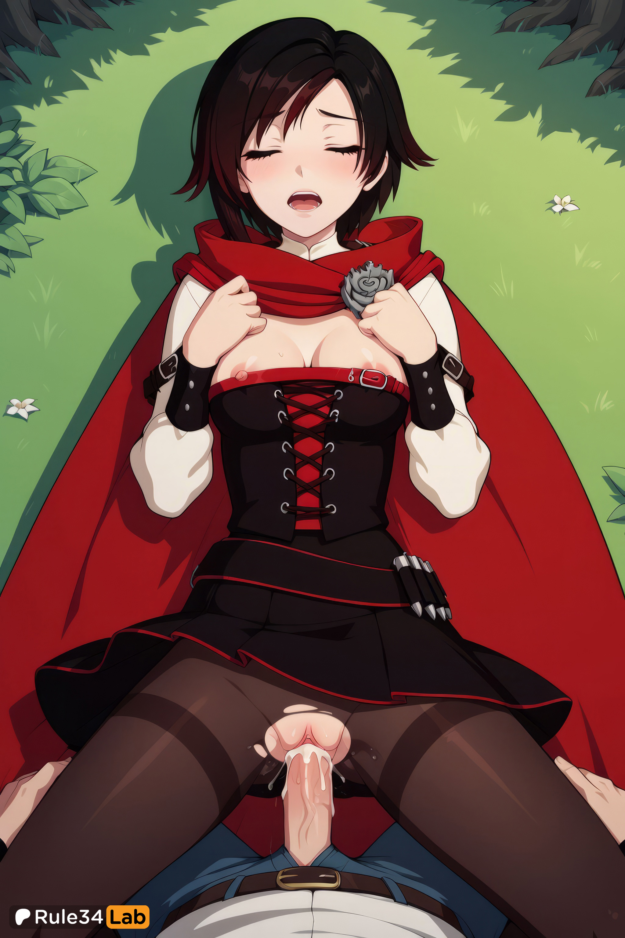 1boy, 1girls, ai generated, artist name, belt, black dress, black hair, black pantyhose, blush, breasts, breasts out, cape, cloak, closed eyes, clothed sex, cum, cum in pussy, dress, female, gradient hair, grass, hi res, hooded cloak, long sleeves, lying, male, medium breasts, multicolored hair, nipples, no panties, on back, open mouth, outdoors, pantyhose, penis, pov, pussy, pussy juice, red hair, ruby rose, rule34lab, rwby, sex, short hair, solo focus, spread legs, straight, torn clothes, torn pantyhose, two-tone hair, uncensored, vaginal penetration, vaginal sex