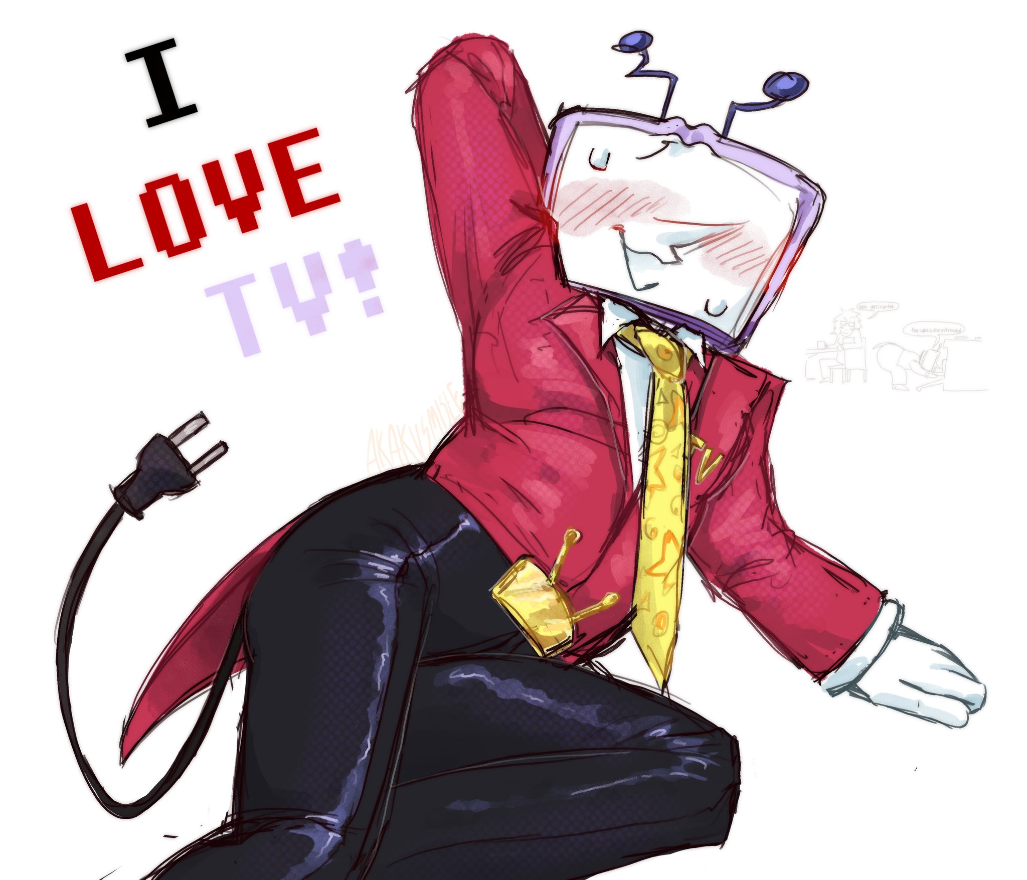 1boy, 2025, antennae, blush, clothed, clothed male, clothes, clothing, color, colored, deltarune, deltarune chapter 3, digital drawing (artwork), digital media (artwork), electric plug, english text, hands behind head, hi res, high resolution, highres, i love tv, male, male focus, male only, pointy nose, simple background, solo, solo male, suit, suit and tie, tail, tenna (deltarune), text, tie, tv, tv head