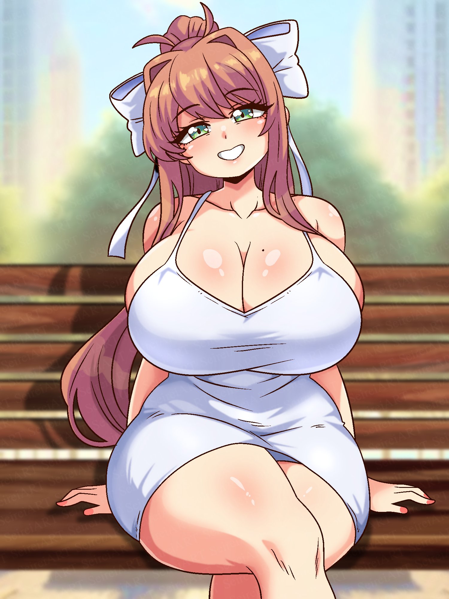 1girls, breasts, cleavage, doki doki literature club, female, female only, green eyes, hourglass figure, huge breasts, legs crossed, mole on breast, monika (doki doki literature club), seireiart, smiling at viewer, solo, solo female, thick thighs, thighs, white dress