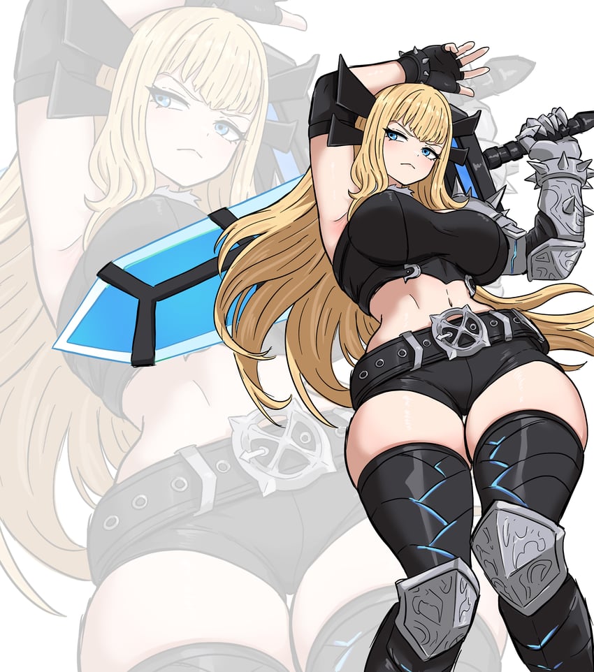 1girls, arm behind head, armpits, arms up, belt, black belt, black shorts, black thighhighs, blonde hair, blue eyes, blush, breasts, cleavage, closed mouth, crop top, fingerless gloves, frown, gauntlets, gloves, holding, holding behind back, holding sword, holding sword behind back, holding weapon, holding weapon behind back, ishinabe art, knee pads, large breasts, light skin, light-skinned female, long hair, looking at viewer, magik (illyana rasputin), magik (marvel tokon), magik's crown, marvel, marvel comics, marvel tokon: fighting souls, mutant (marvel), navel, russian female, short shorts, shorts, shoulder spikes, single fingerless glove, single gauntlet, skindentation, solo, spikes, sword, thighhighs, thighs, v-shaped eyebrows, very long hair, weapon, x-men, zoom layer