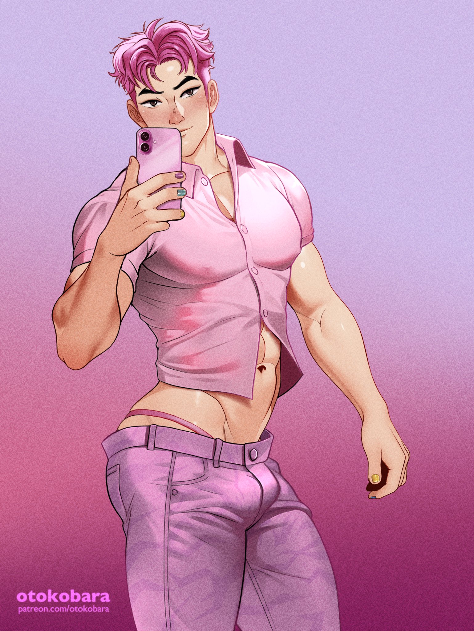 1boy, abby (kpop demon hunters), abs, artist name, bara, bulge, english text, gay, gay male, holding object, kpop demon hunters, male, male focus, male only, muscular, muscular male, netflix, otokobara, pants, phone, pink hair, saja boys, shirt, simple background, solo, solo male, text, yaoi