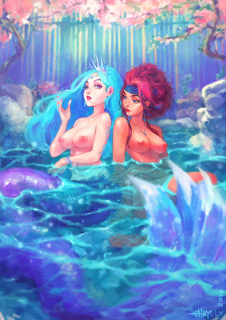 2girls blue_eyes blue_hair breasts ehryel female large_breasts long_hair mermaid multiple_girls nipples partially_submerged purple_eyes red_hair sitting