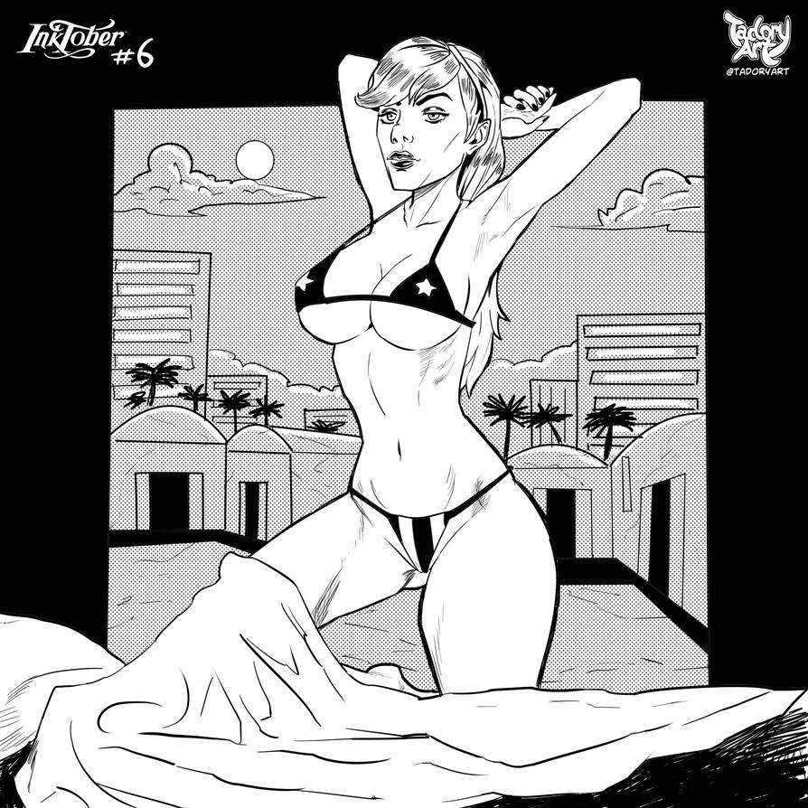 1girls american_flag american_flag_bikini armpits belly black_and_white breasts buildings candy_suxxx cleavage female female_only grand_theft_auto grand_theft_auto:_vice_city hands_behind_head inktober inktober_2018 palm_trees small_breasts standing striped_bikini_bottom tadory thighs underboob