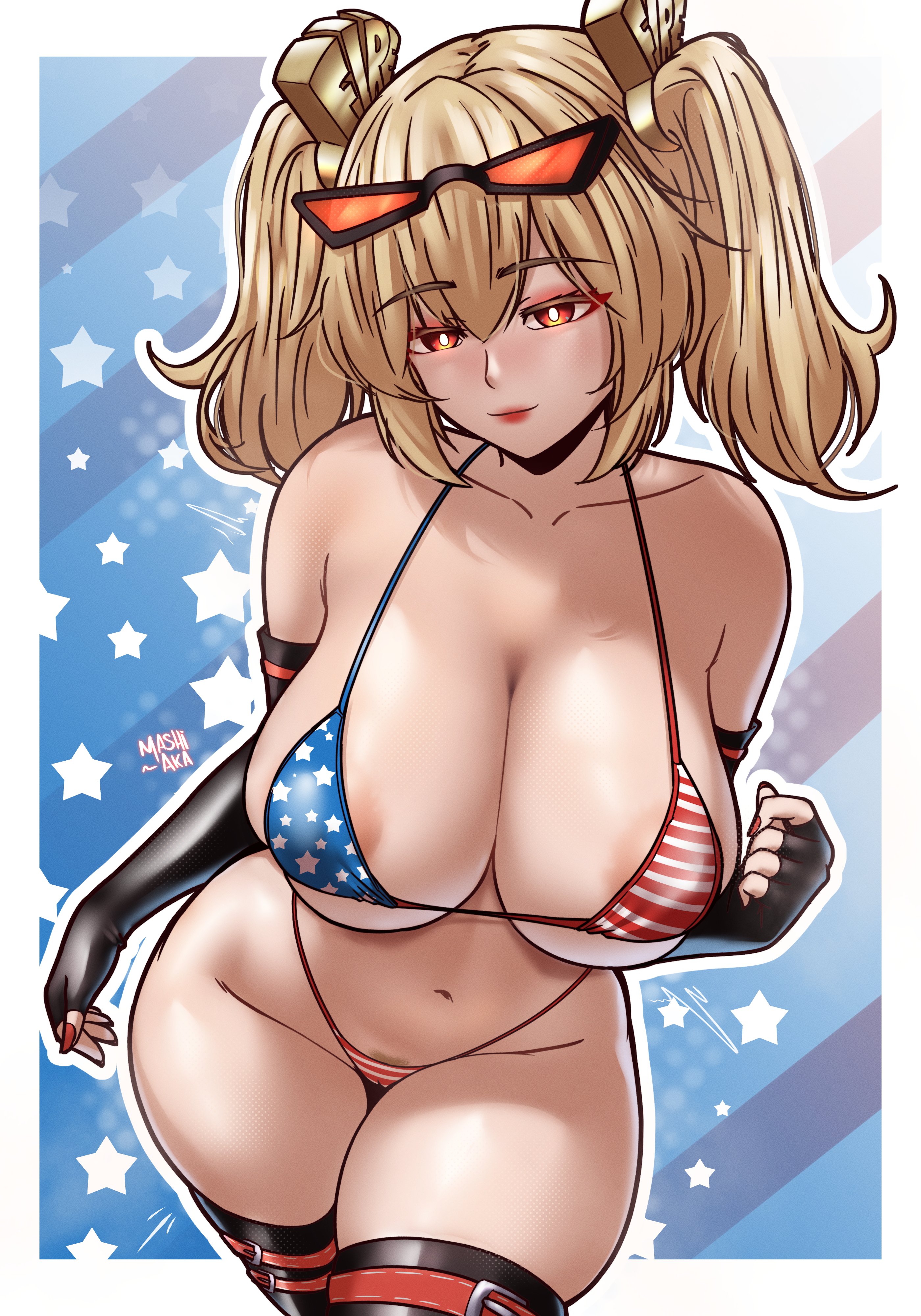 1girls, american flag bikini, bikini, breasts, burnice white, female, female focus, female only, large breasts, light skin, light-skinned female, mashiaka, red nails, solo, swimsuit, thick thighs, thighhighs, thighs, twintails, wide hips, zenless zone zero