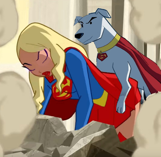 1girls all_fours artist_request blonde_hair canine cape collar dc_comics dog doggy_style eyes_closed feral_on_female fully_dressed interspecies justice_league_action krypto kryptonian lipstick red_lipstick skirt supergirl superman_(series) zoophilia