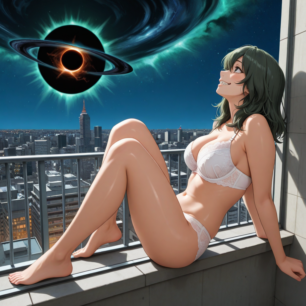 ai_generated anime ass ass balcony big_ass big_breasts black_eyes black_hole boku_no_hero_academia breasts city cityscape curvy_figure green_hair isogil my_hero_academia night night_sky setsuna_tokage sharp_teeth skyscraper starry_sky tokage_setsuna underwear white_bra white_panties white_underwear