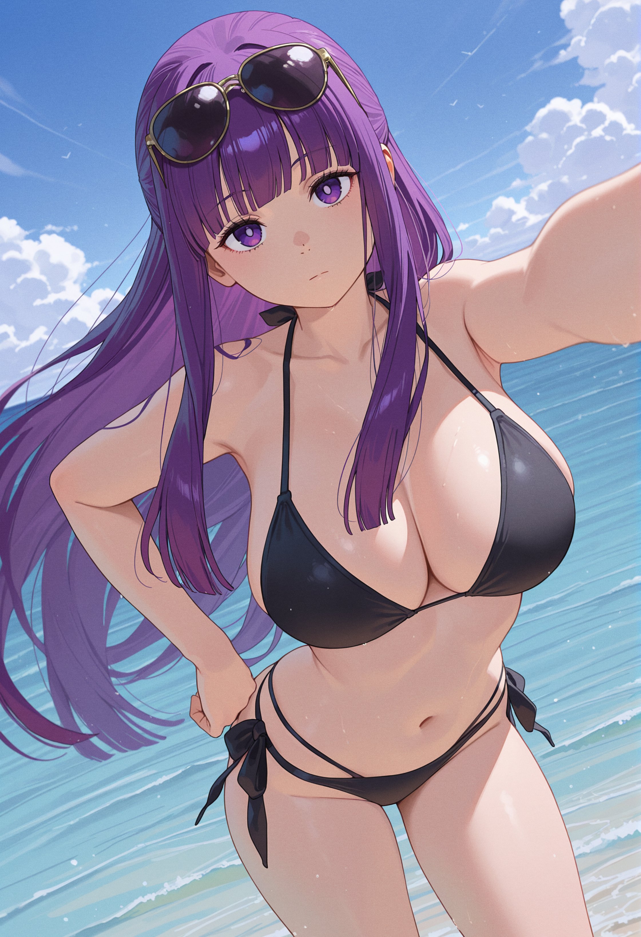 1girl, 1girls, ai generated, bangs, bare shoulders, beach, bikini, black bikini, blue sky, breasts, cleavage, cloud, collarbone, day, eyewear on head, female, fern (sousou no frieren), halterneck, hand on hip, large breasts, long hair, looking at viewer, navel, ocean, outdoors, owari wan, purple eyes, purple hair, side-tie bikini, sky, solo, sousou no frieren, sunglasses, swimsuit, tagme, thighs, wet