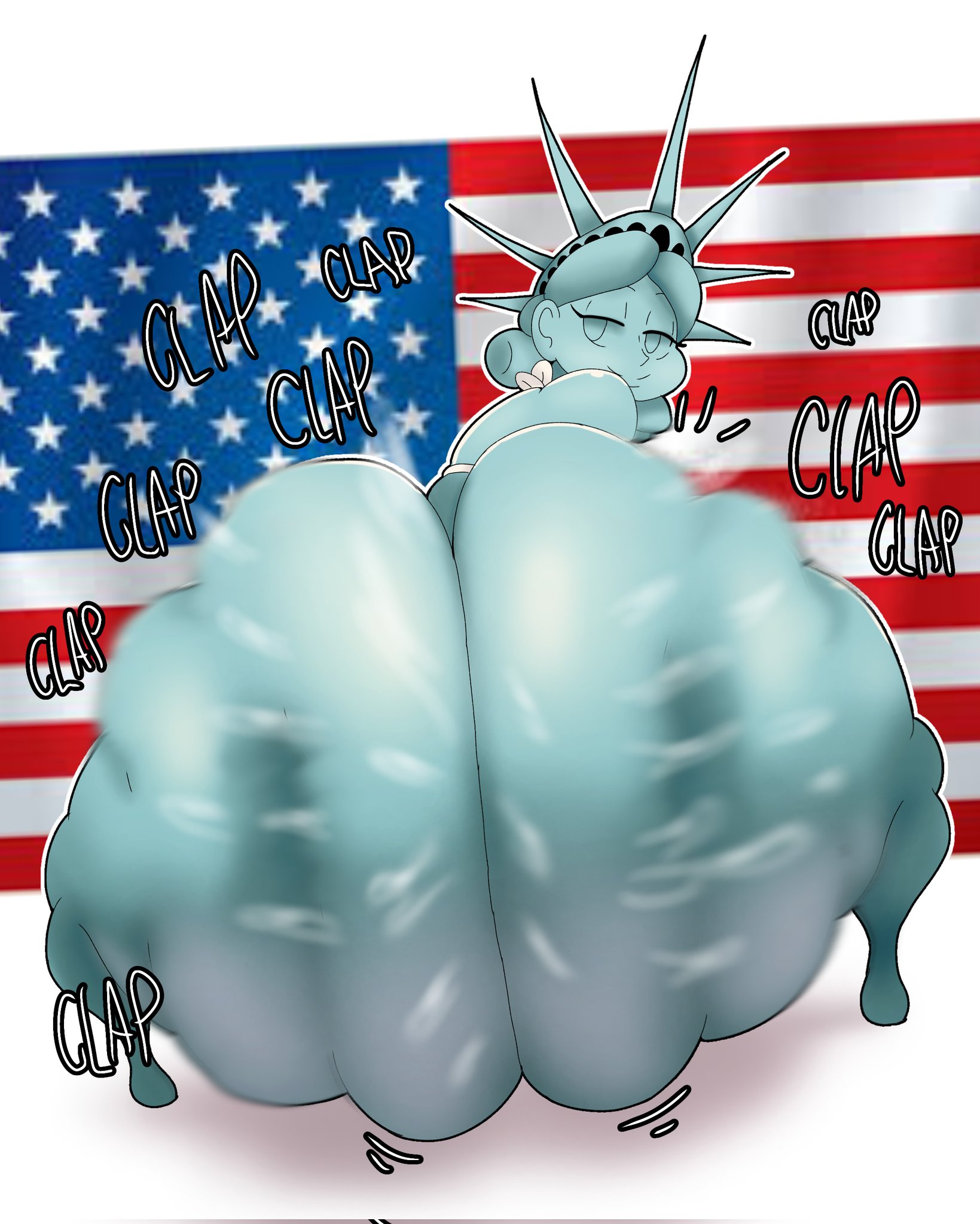 1girls, 4th of july, american flag, ass, ass bigger than head, ass focus, back view, badonkadonks, big ass, big butt, booty, bottom heavy, bubble butt, clap, clapping ass, clapping butt, clapping buttocks, clapping cheeks, crown, dripping, enormous ass, fat ass, fat butt, female, fine art parody, from behind, giant ass, heavy ass, huge ass, hyper ass, lady liberty, large ass, looking at viewer, looking back, massive ass, medium hair, ponytail, rear view, shaking, shaking ass, shaking butt, smile, smiling at viewer, smug, smug face, sound effects, squatting, statue, statue of liberty, sweat, tansau's lady liberty, thedeathcrow05, thick thighs, throwing it back, thunder thighs, twerking, twerking at viewer, venus body, voluptuous, voluptuous female, well endowed, wide hips