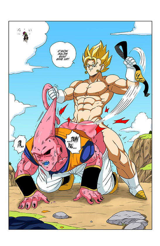 abs, anal, anal sex, ass, blonde hair, comic, dende, doggy style, dragon ball, dragon ball z, english text, full body, gay, injury, majin buu, majinbuusama, male, male only, male penetrating, male/male, mr. satan, muscular, muscular male, nipples, nude, outdoor sex, outdoors, pectorals, pink body, pink skin, potara earrings, sex, spank marks, spanked butt, speech bubble, super buu, super saiyan, torn clothes, vegito, yaoi