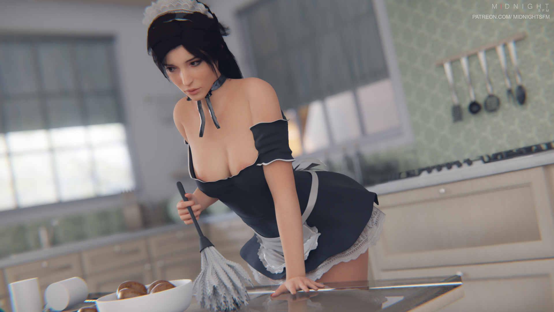 1girls, 3d, areola slip, areolae, bent over, bent over table, black hair, breasts, brown hair, choker, cleavage, female, female only, kitchen, lara croft, lara croft (survivor), large breasts, looking away, maid, maid apron, maid headdress, maid outfit, maid uniform, midnightsfm, ponytail, skirt, solo, tomb raider, tomb raider (survivor), video games