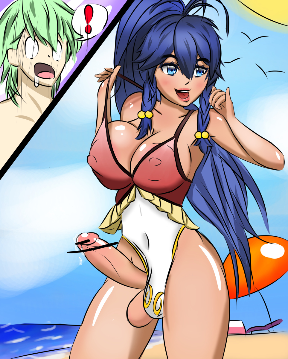 balls beach censor_bar fire_emblem fire_emblem:_the_sacred_stones fire_emblem_heroes futanari innes_(fire_emblem) intersex male niseruhito one-piece_swimsuit penis tan tana_(fire_emblem) tana_(summer)_(fire_emblem)