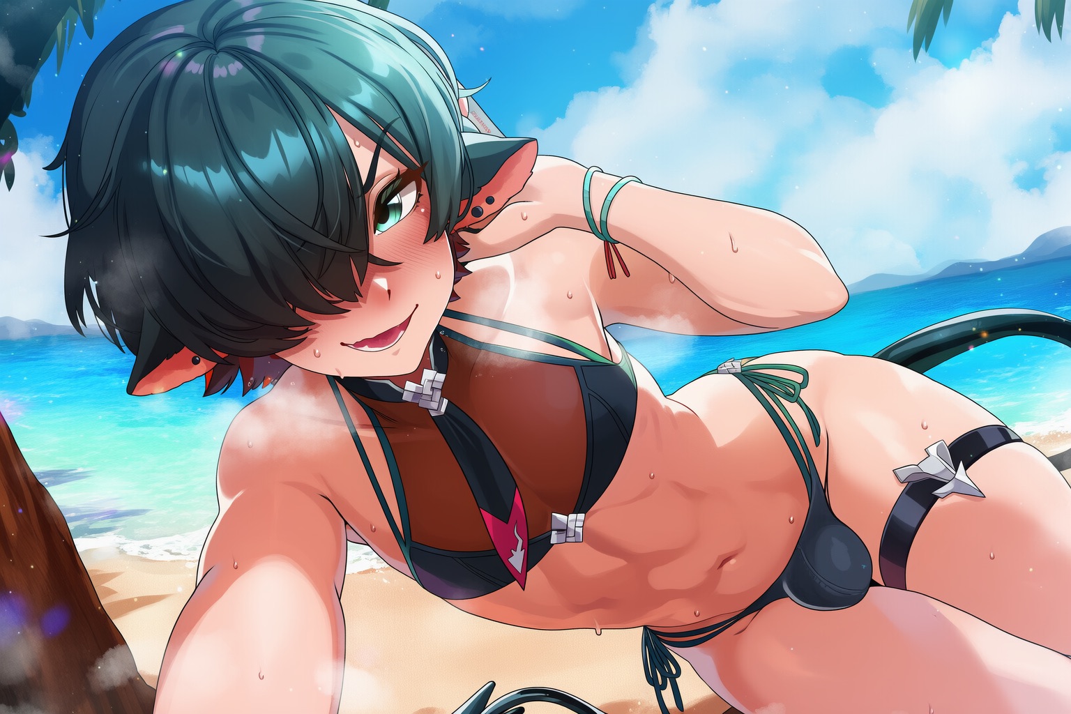 1boy, 1femboy, 1male, ai generated, bikini, blue eyes, bulge, femboy, ftm transformation, genderswap (ftm), hair over one eye, jane doe (zenless zone zero), john doe (zenless zone zero) (scopeophilia), large ass, light skin, looking at viewer, naticai, rule63, seductive, seductive look, seductive smile, short hair, solo, solo femboy, solo focus, trap, wide hips, wide thighs, zenless zone zero
