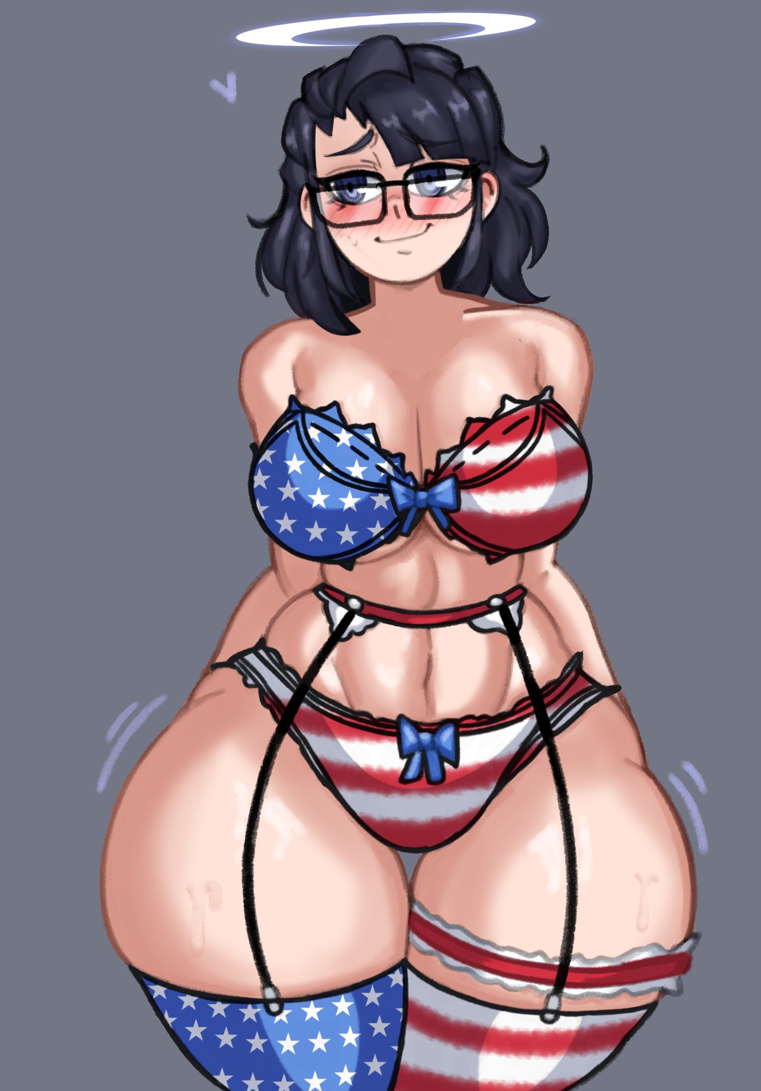 1girls, american flag, american flag bikini, american flag legwear, angel girl, ass, bare shoulders, black hair, blue eyes, blush, bra, breasts, child bearing hips, cleavage, commission, digital media, digital media (artwork), doocen, edit, edited, female, female only, frills, gabriel (helltaker), garter belt, garter straps, glasses, gonzalo costa, helltaker, hip wiggle, hips wider than shoulders, lace, lace-trimmed bra, lace-trimmed panties, lace-trimmed thighhighs, large breasts, lingerie, panties, pinup, sheepish grin, short hair, sole female, thick thighs, thighhighs, underwear, wide hips
