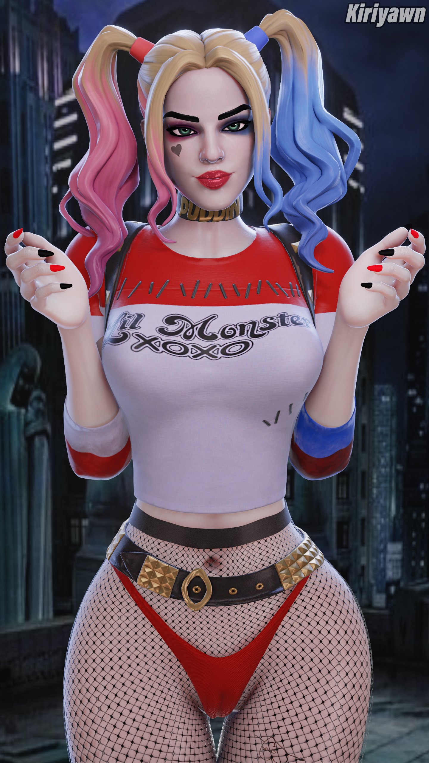 1girls, 2025, 3d, 3d (artwork), athletic, athletic female, batman (series), blender, cameltoe, dc, dc comics, english text, epic games, face tattoo, female, female focus, female only, fishnet, fishnet pantyhose, fishnets, fortnite, fortnite: battle royale, harley quinn, harley quinn (fortnite), hi res, highres, kiriyawn, light skin, light-skinned female, panties, pantyhose, pose, posing, pussy, pussy lips, red panties, shirt, showing off, solo, solo female, suicide squad, suicide squad (2016), text on clothing, text on shirt, text on topwear, thick thighs, thong, thong panties, twintails, two-tone hair, underwear, vagina, watermark