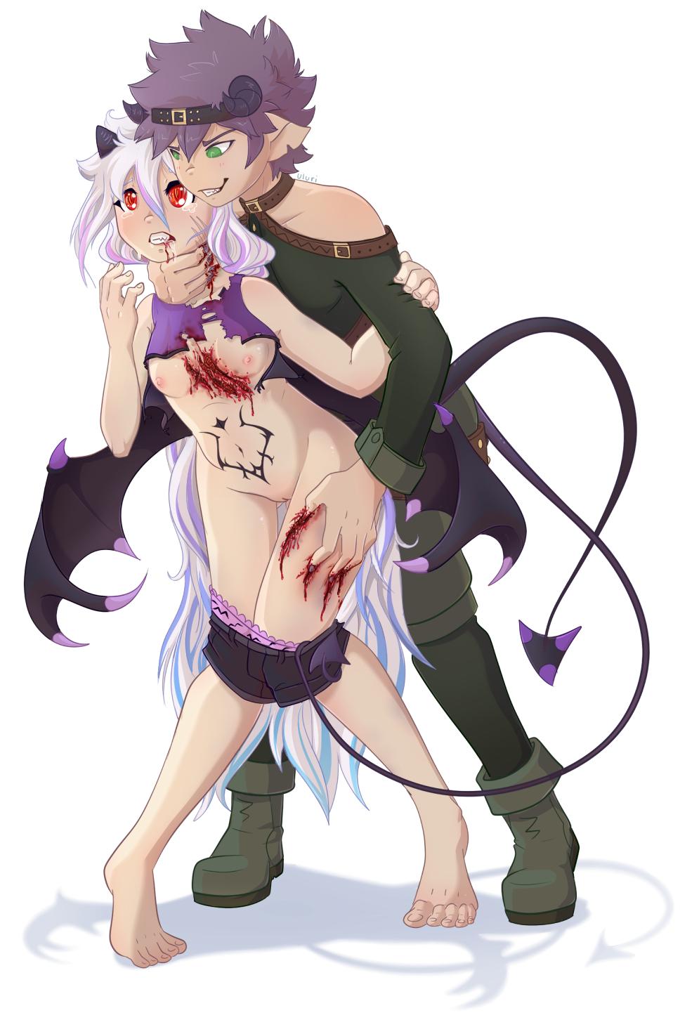 asphyxiation blood breasts clothing demon female gore green_eyes hair horn humanoid lillin male mammal nipples purple_hair red_eyes sin strangling uluri white_hair wings wounded