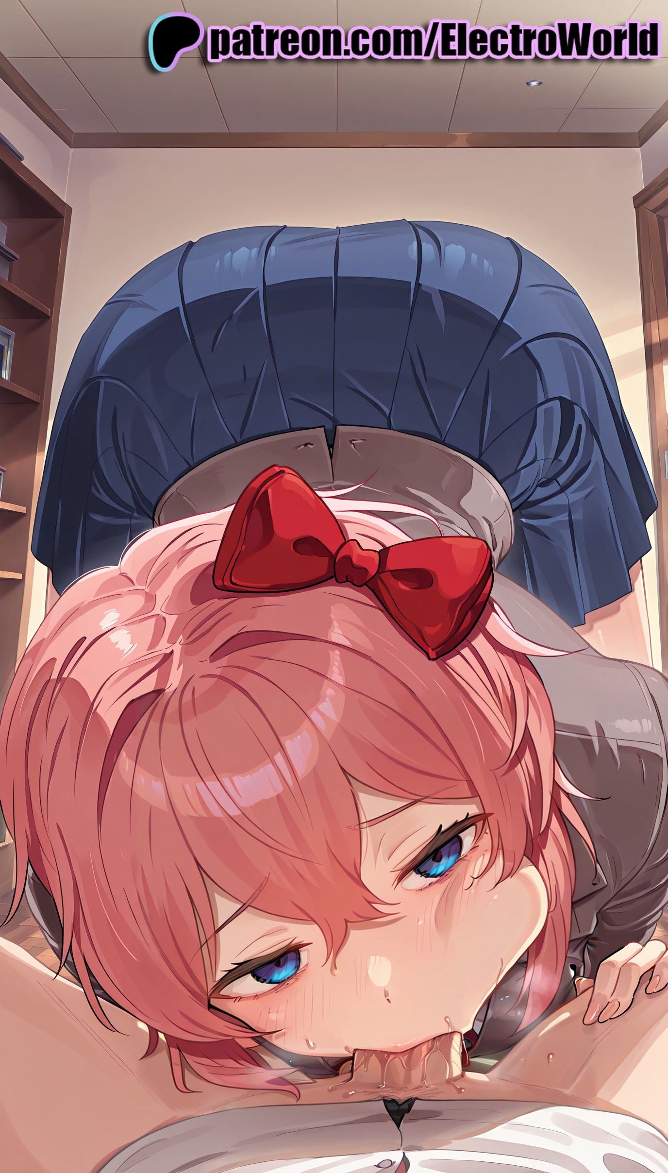 1boy, 1girls, 2025, ai generated, artist name, ass, blowjob, blowjob face, blue eyes, blue skirt, blush, bow, desk, doki doki literature club, electroworld, fellatio, female, hairbow, hi res, high quality, high resolution, highres, licking, looking at viewer, male, oral, oral sex, patreon, patreon username, pink hair, pleated skirt, pov, red bow, sayori (doki doki literature club), school uniform, serafuku, skirt, stable diffusion, straight, sucking, tongue, tongue out, under the table, watermark