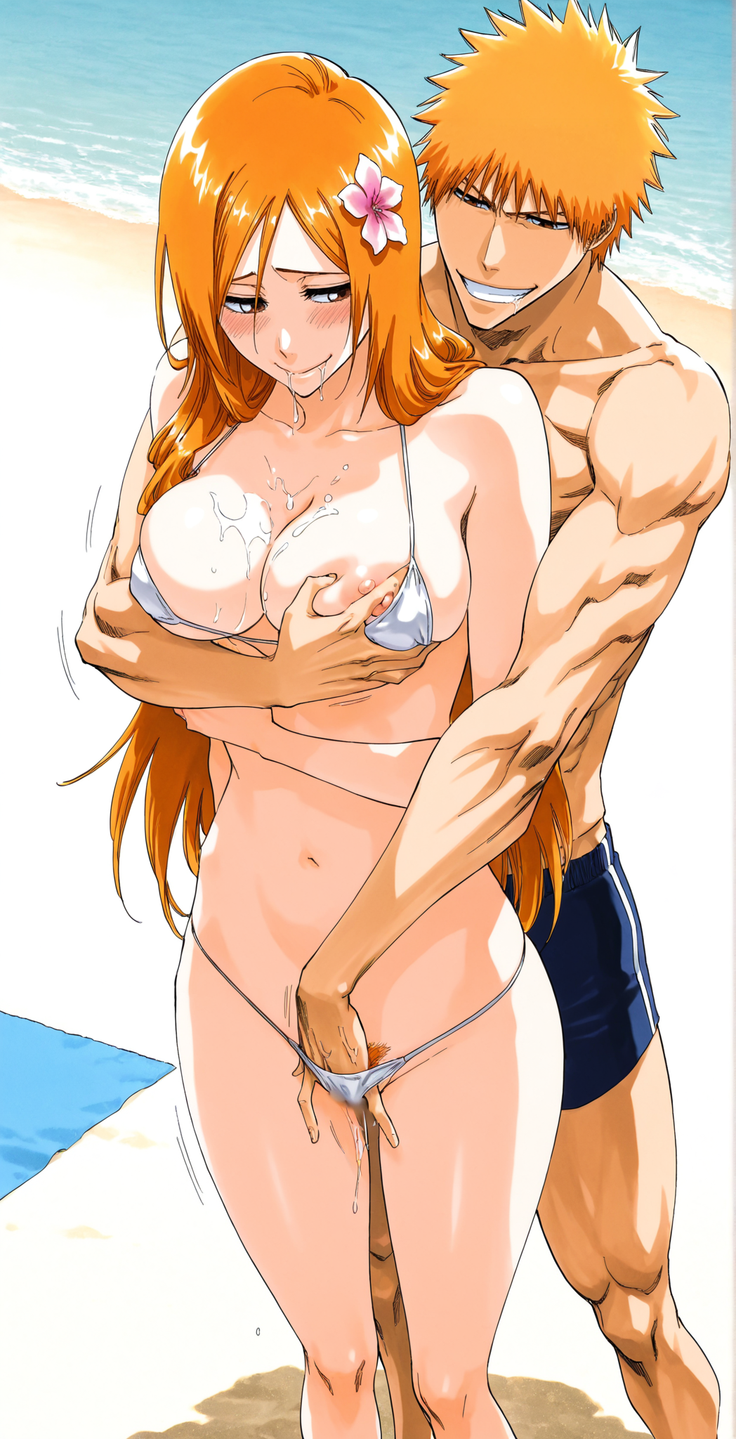 ai generated, ai nipples, bleach, blur censor, canon couple, cum, cum on face, female, ichigo kurosaki, inoue orihime, noxxi (artist)